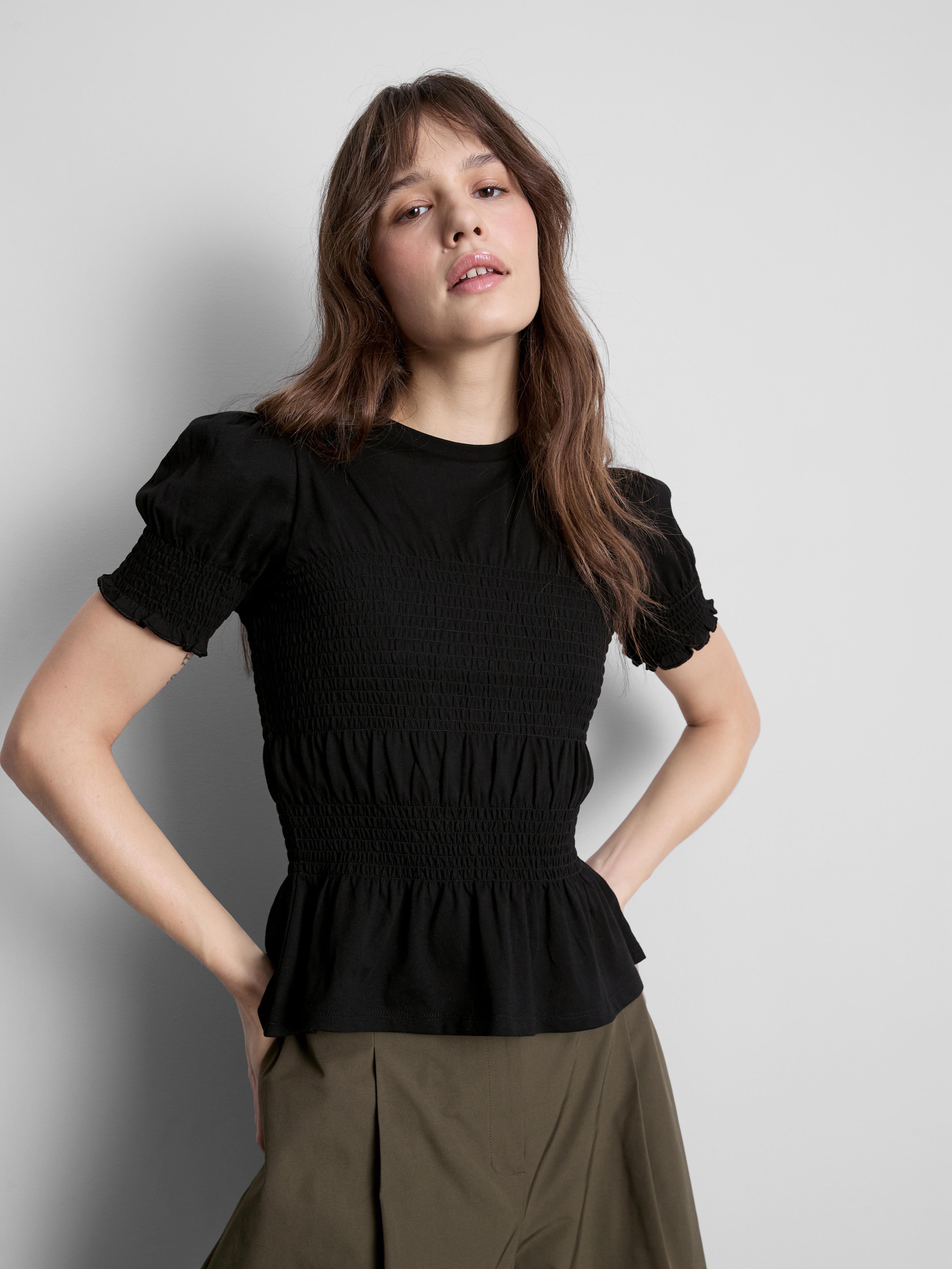 T-shirt en coton froncé à manches courtes - Noir - Femme
