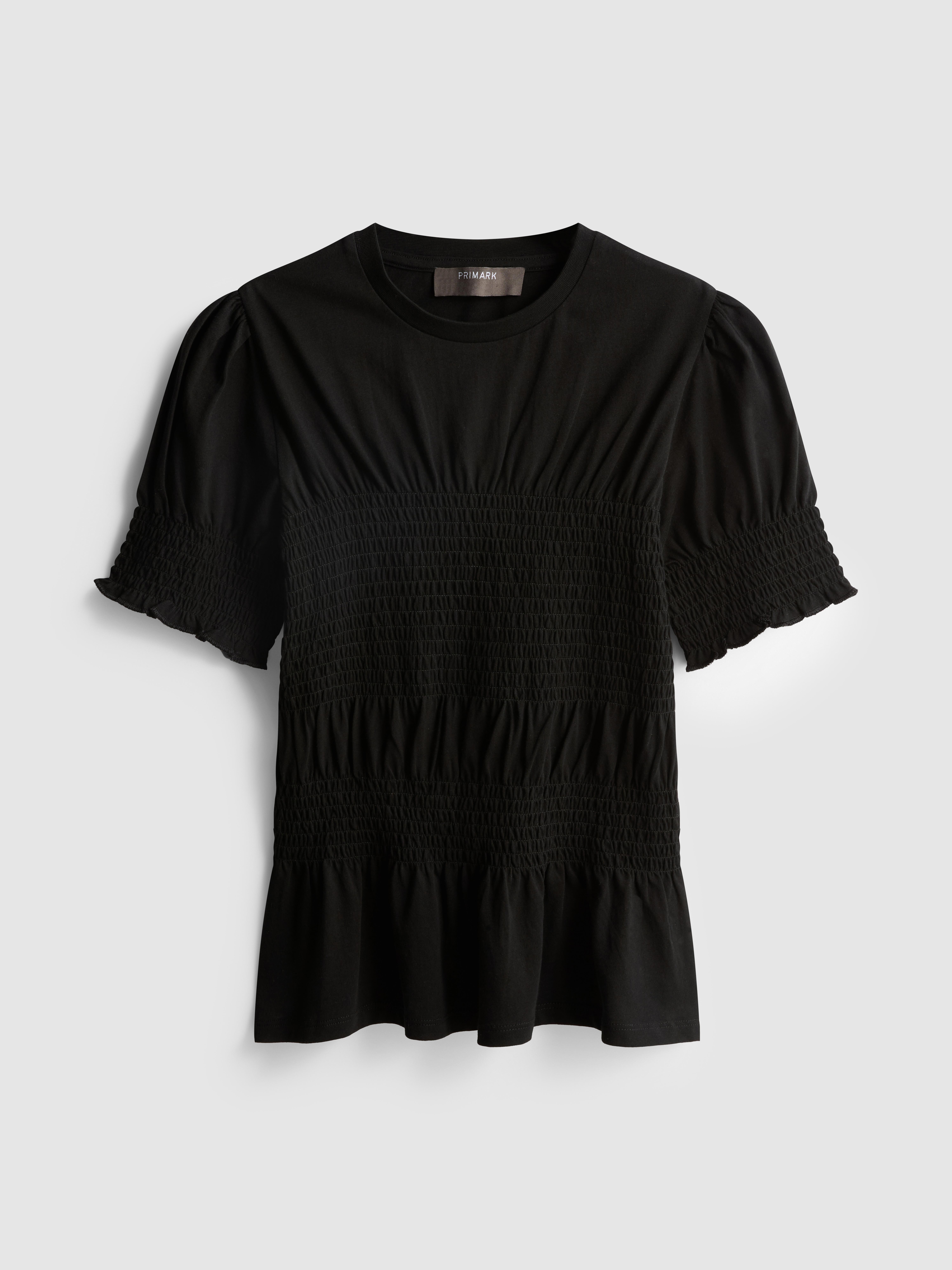 Kurzärmeliges, gesmoktes Baumwoll-T-Shirt