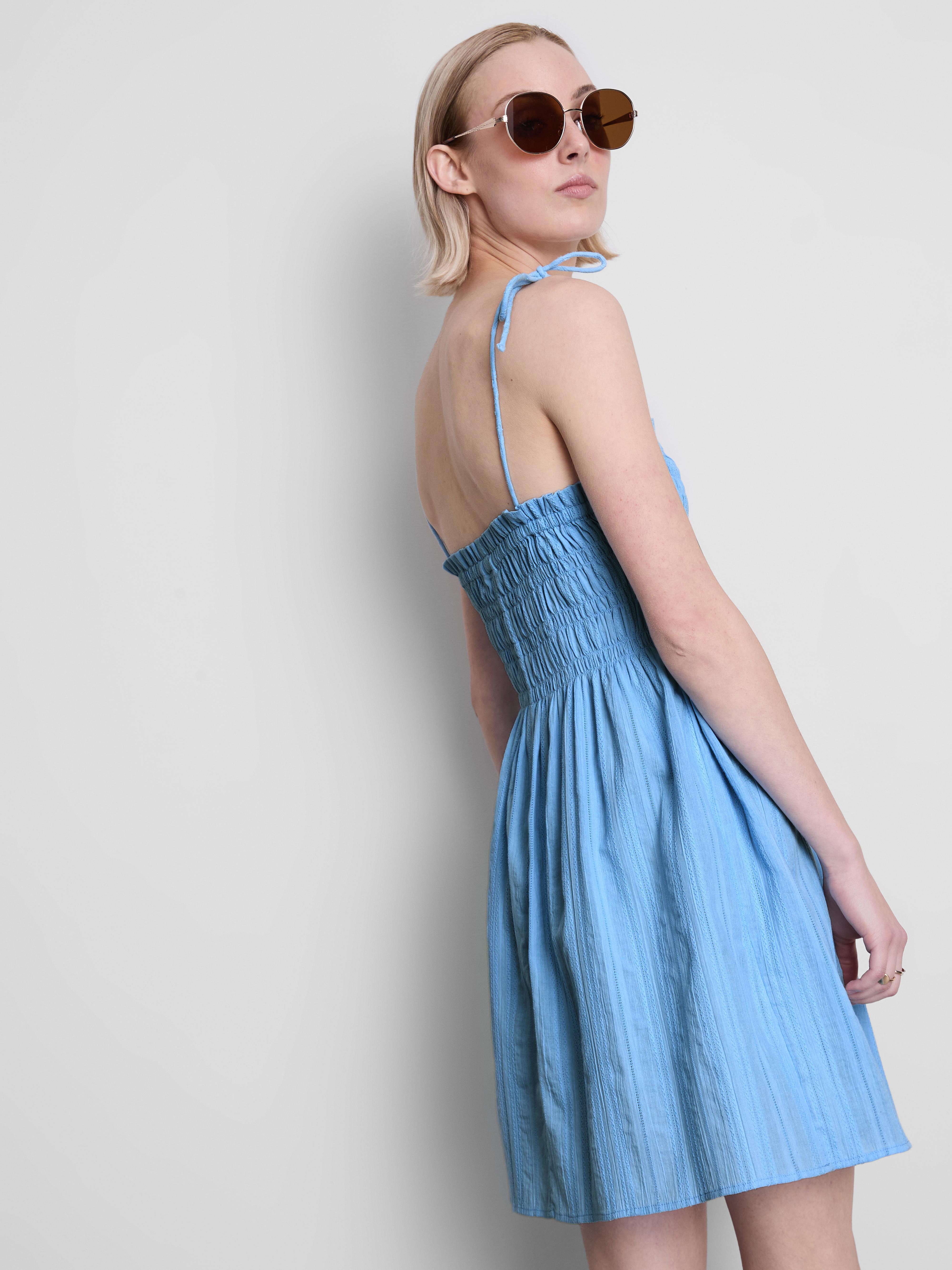 Women's Blue Cotton Shirred Bodice Mini Beach Dress