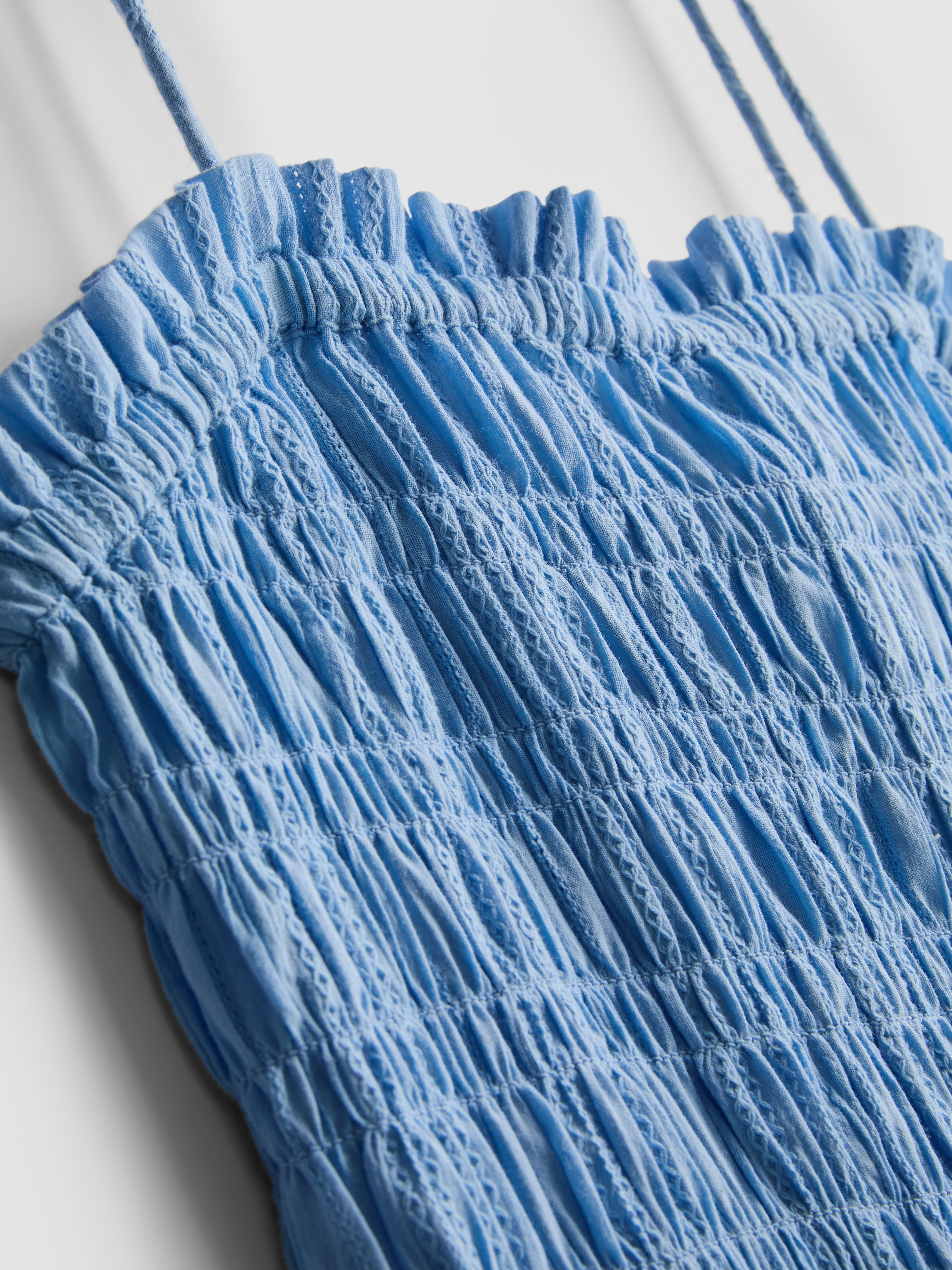 Women's Blue Cotton Shirred Bodice Mini Beach Dress