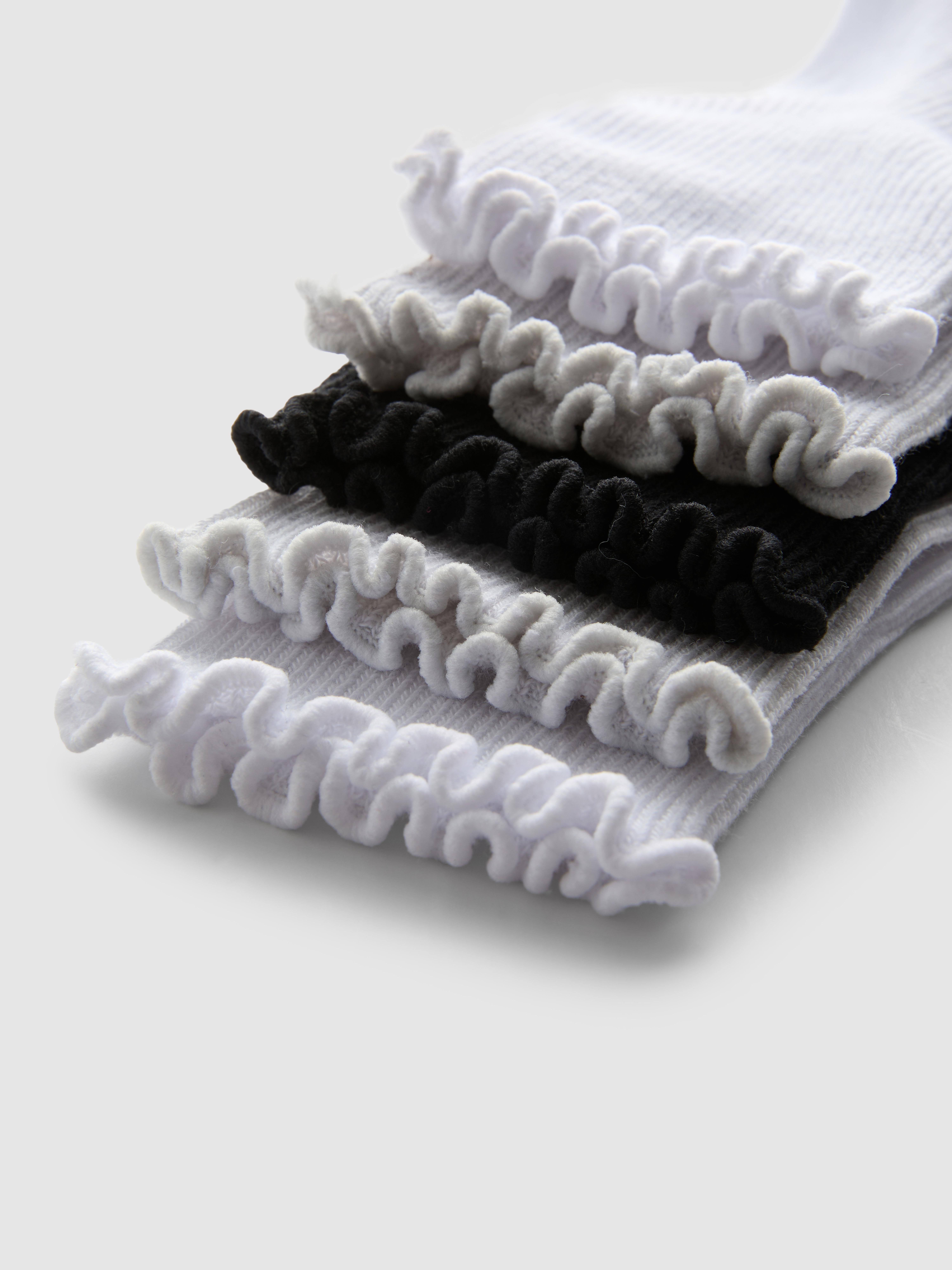 Girls White 5pk Ribbed Lettuce-Trim Quarter Socks