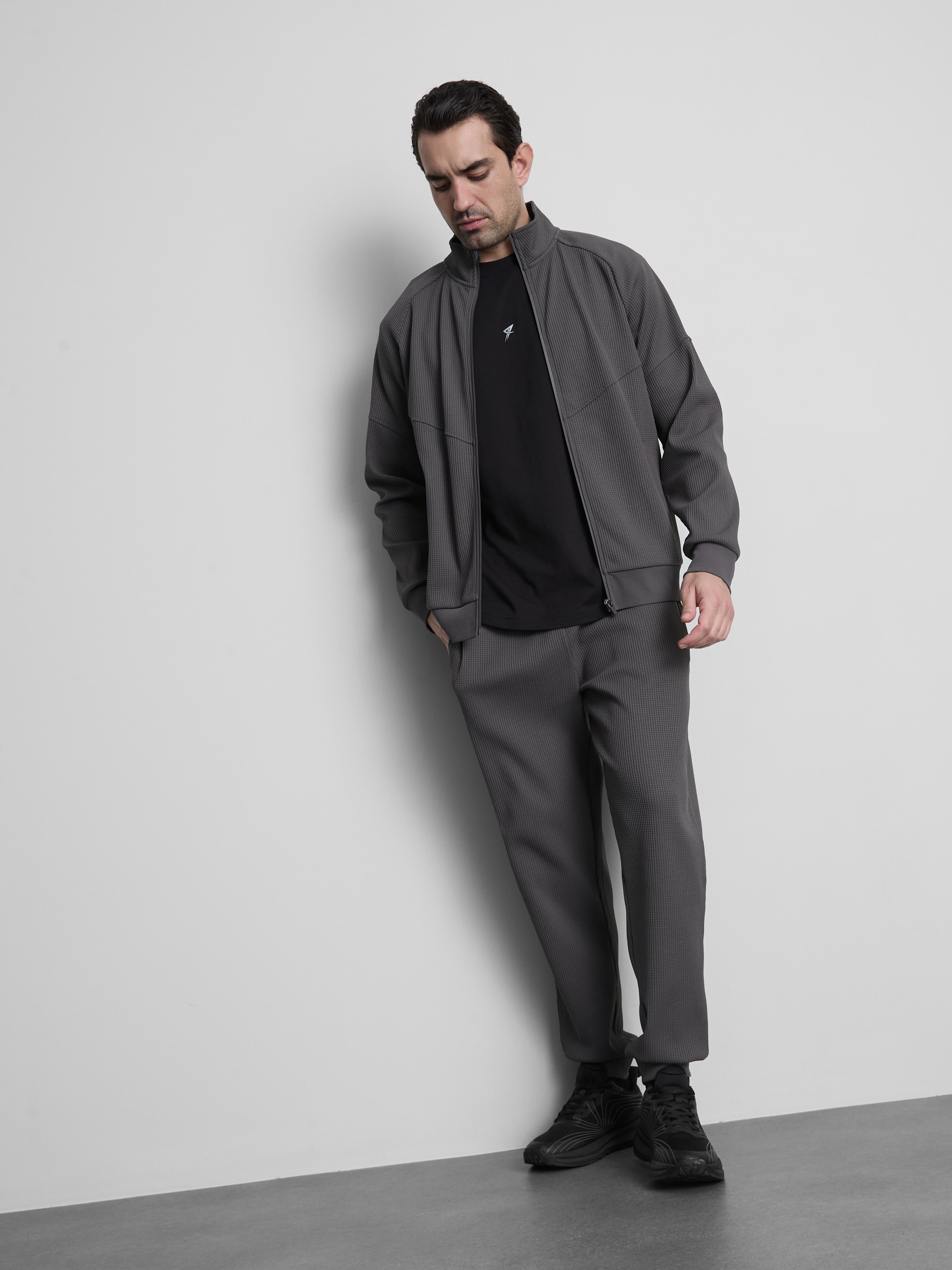 Men's Charcoal Waffle-Texture Quarter-Zip Jacket