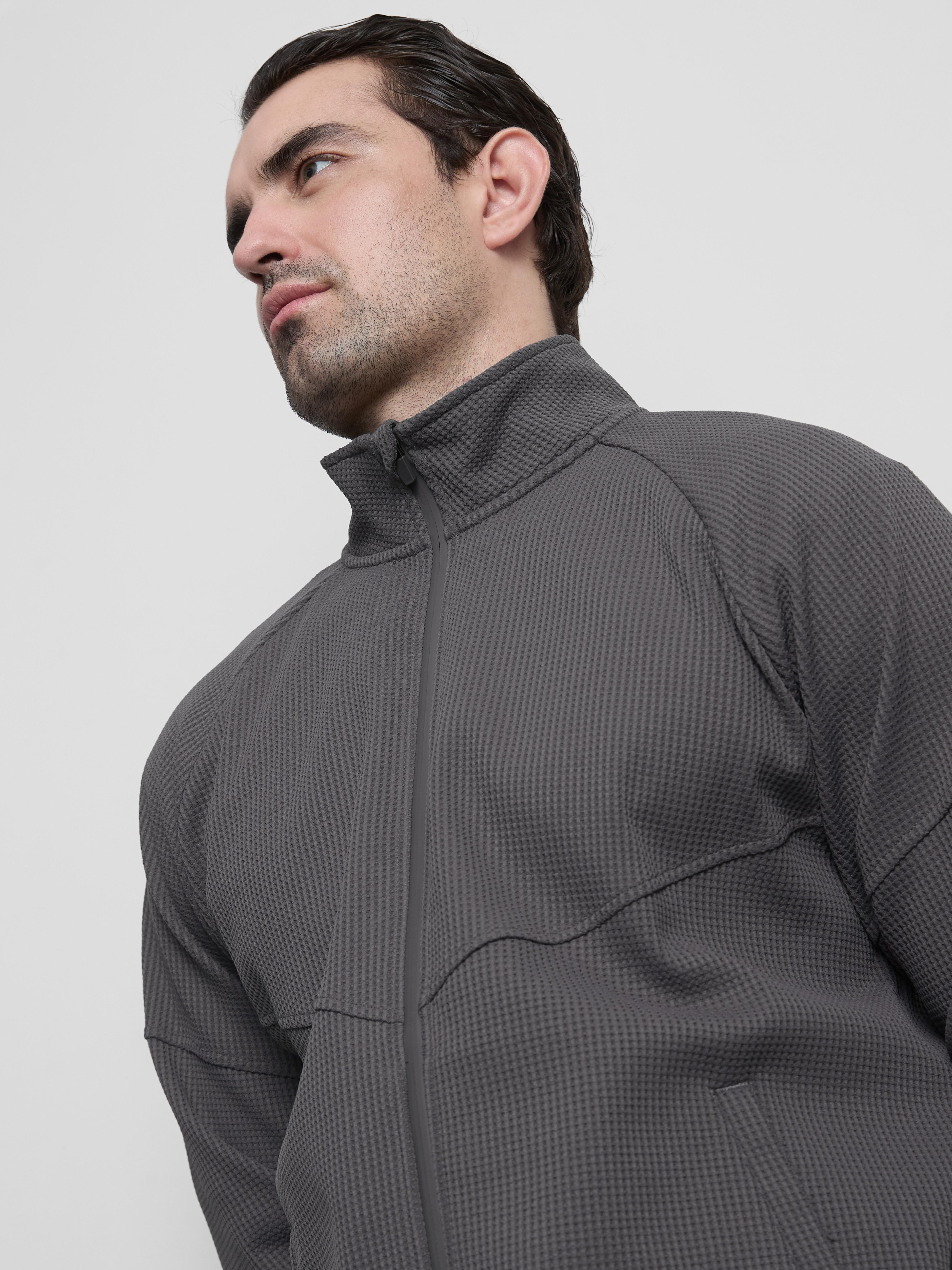 Men's Charcoal Waffle-Texture Quarter-Zip Jacket