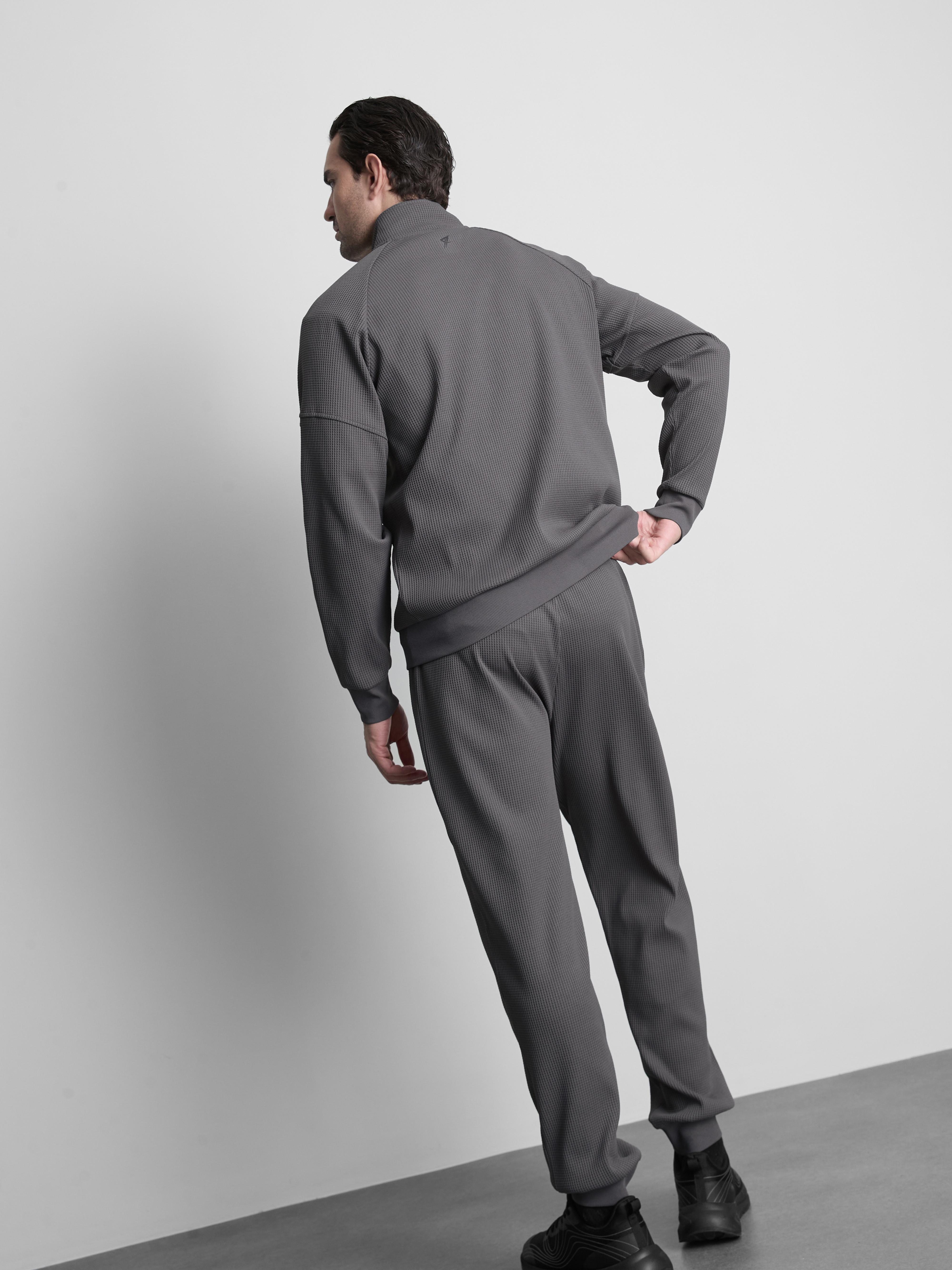 Men's Charcoal Waffle-Texture Quarter-Zip Jacket