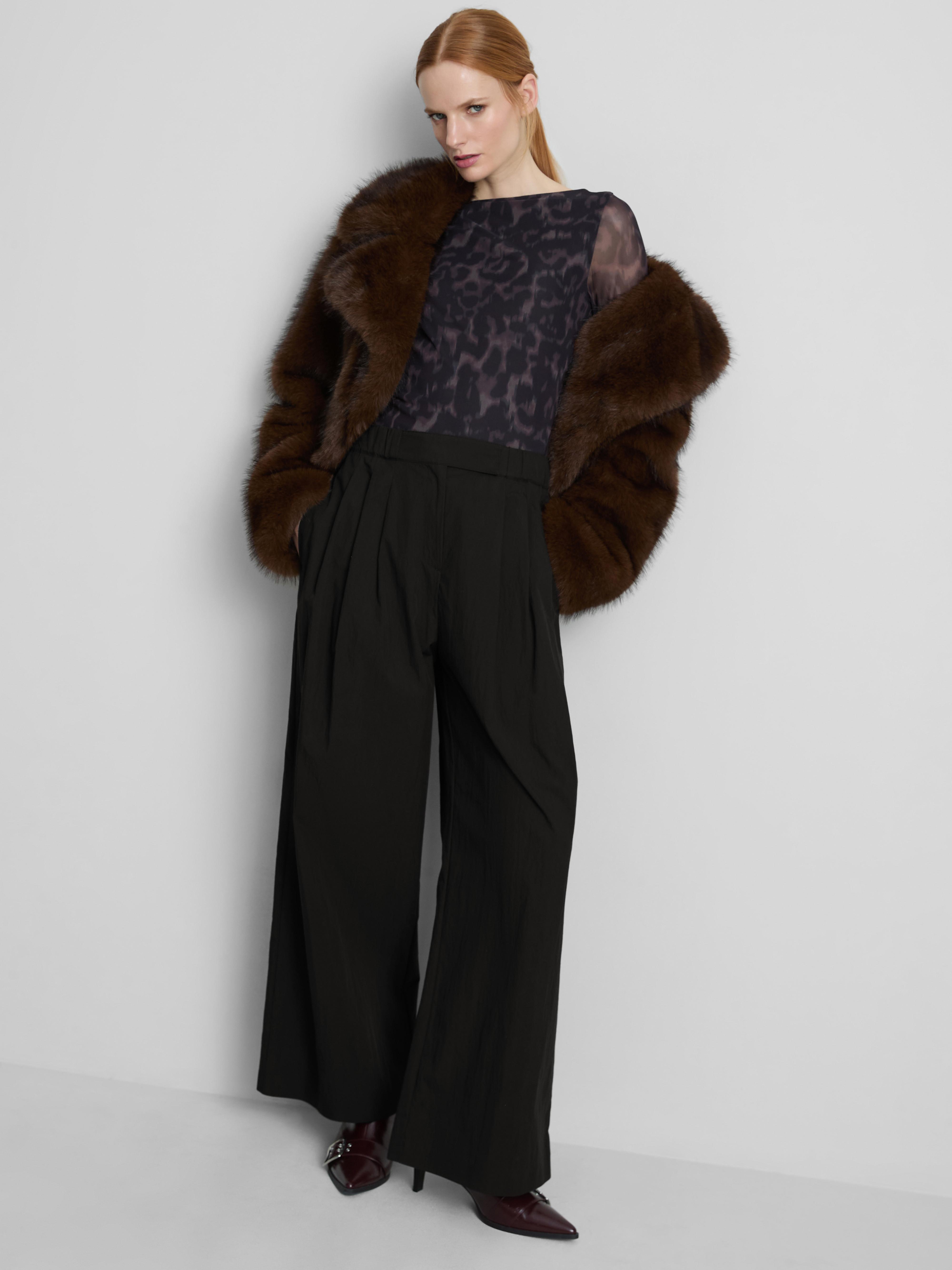 Broek met bandplooien, hoge taille en textuur Zwart