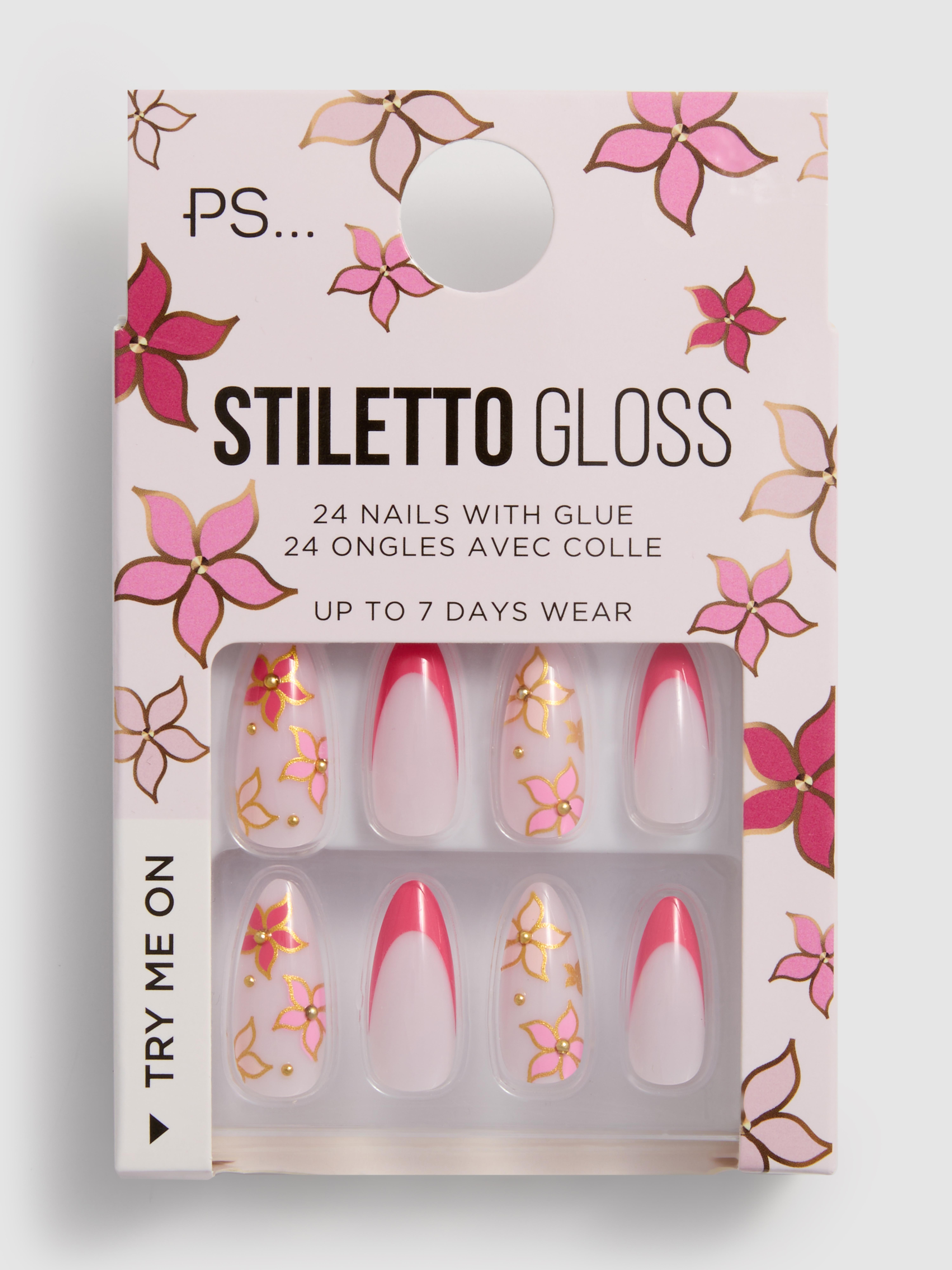 Sijajni umetni nohti stiletto s cvetlicami PS...