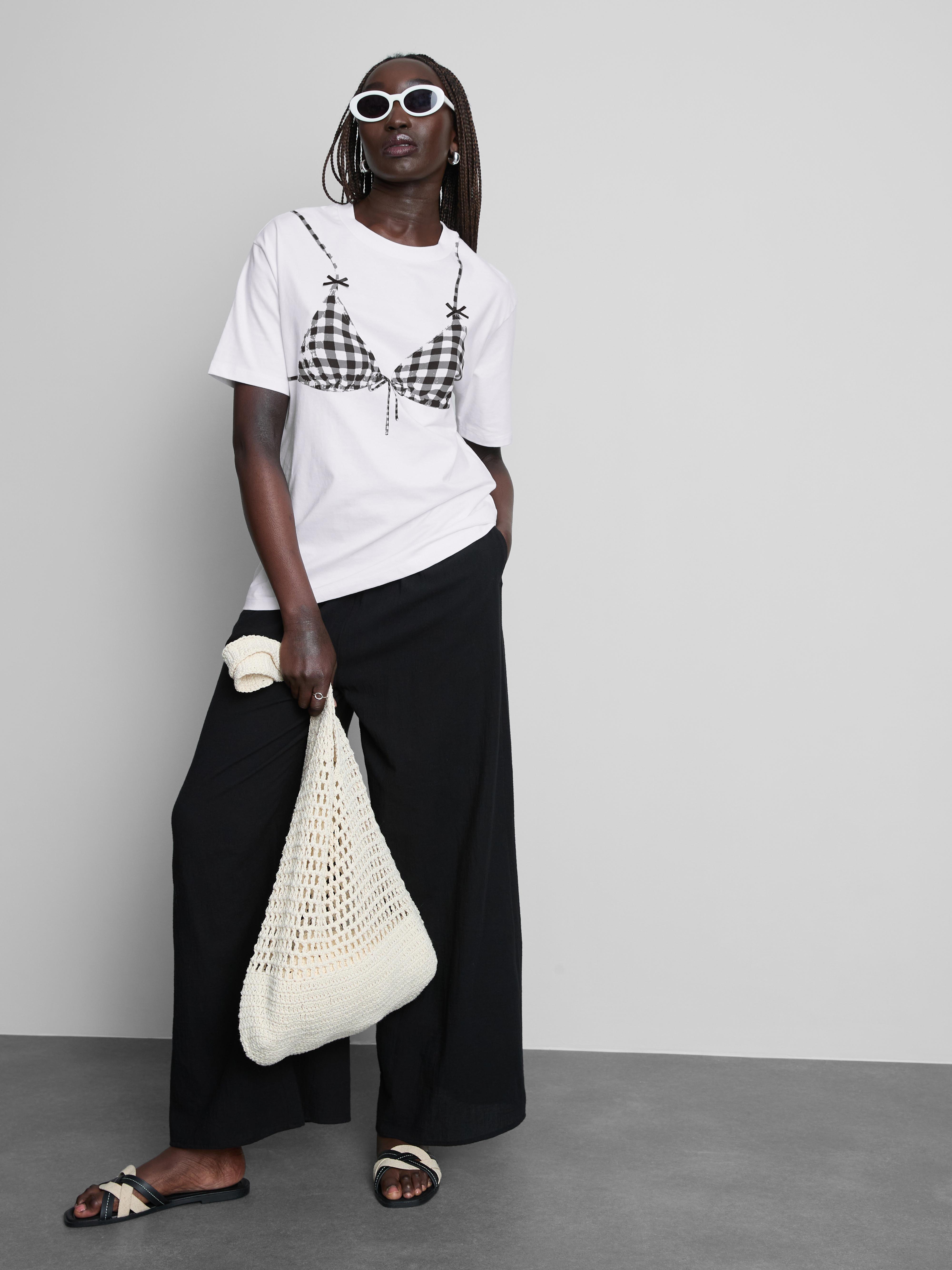 Cotton Gingham Print Graphic Tee