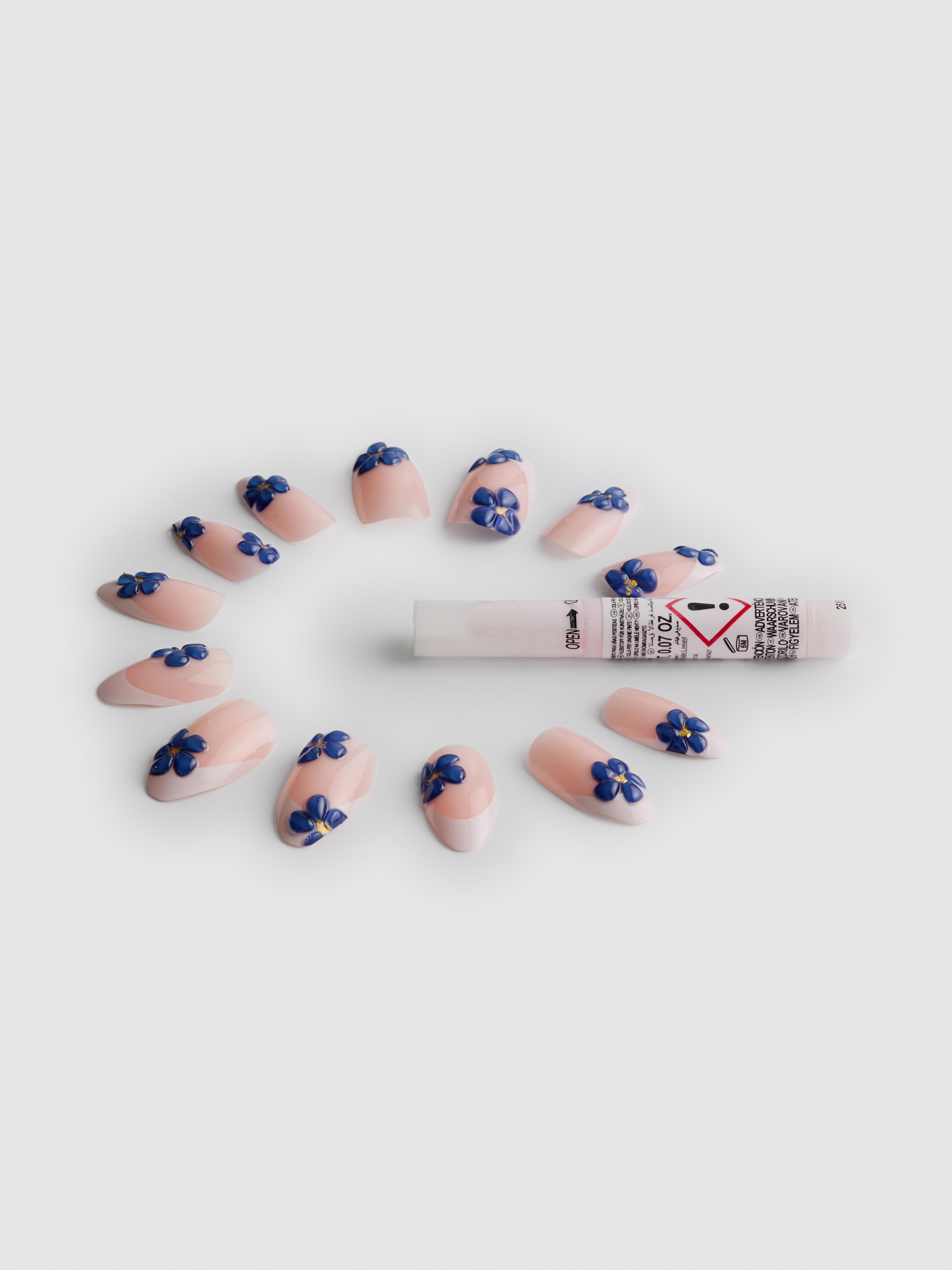 Faux ongles pointus French manucure à fleurs PS...