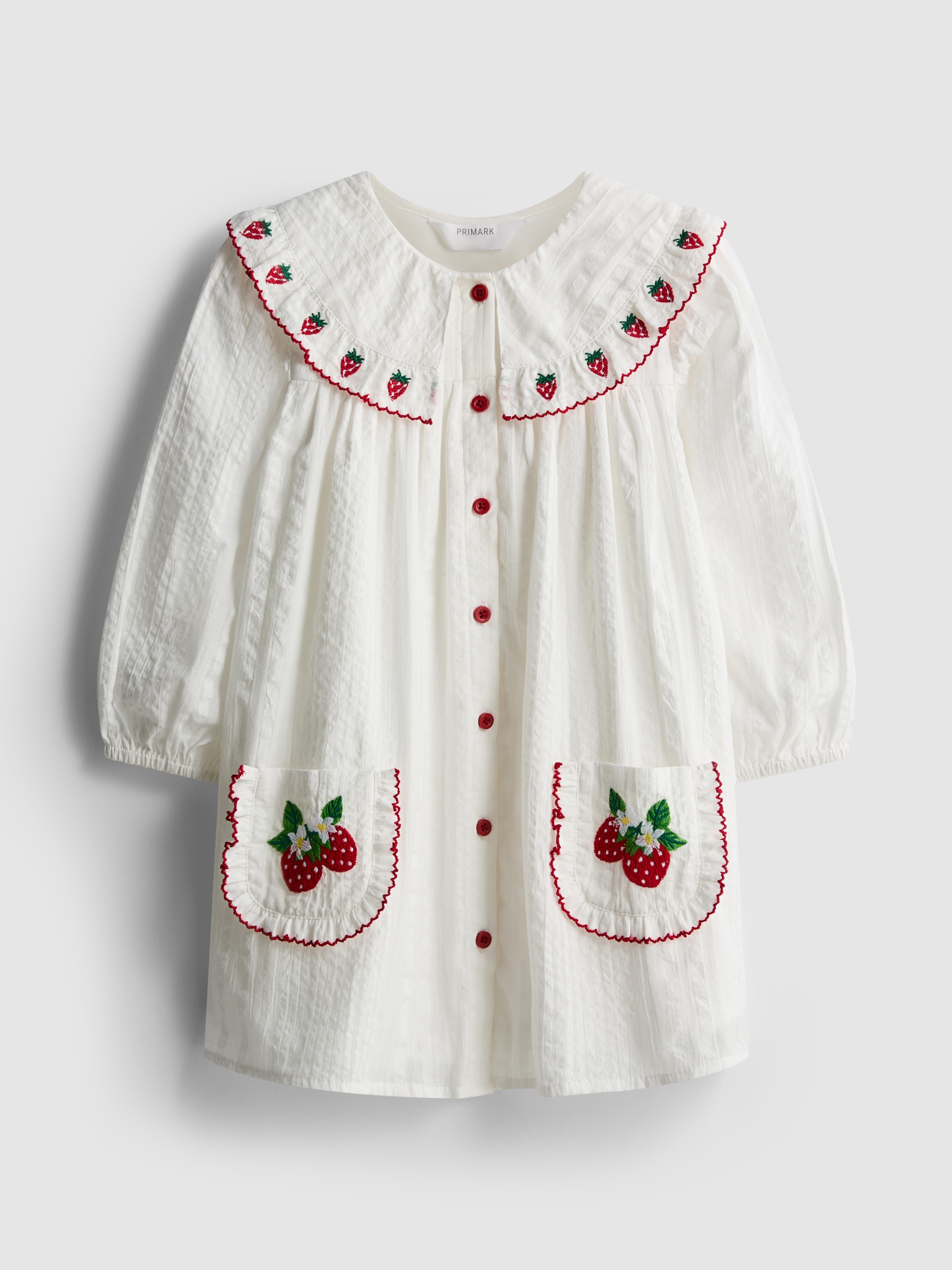 Girls White 1.5-8yrs | Strawberry Embroidered Collared Dress