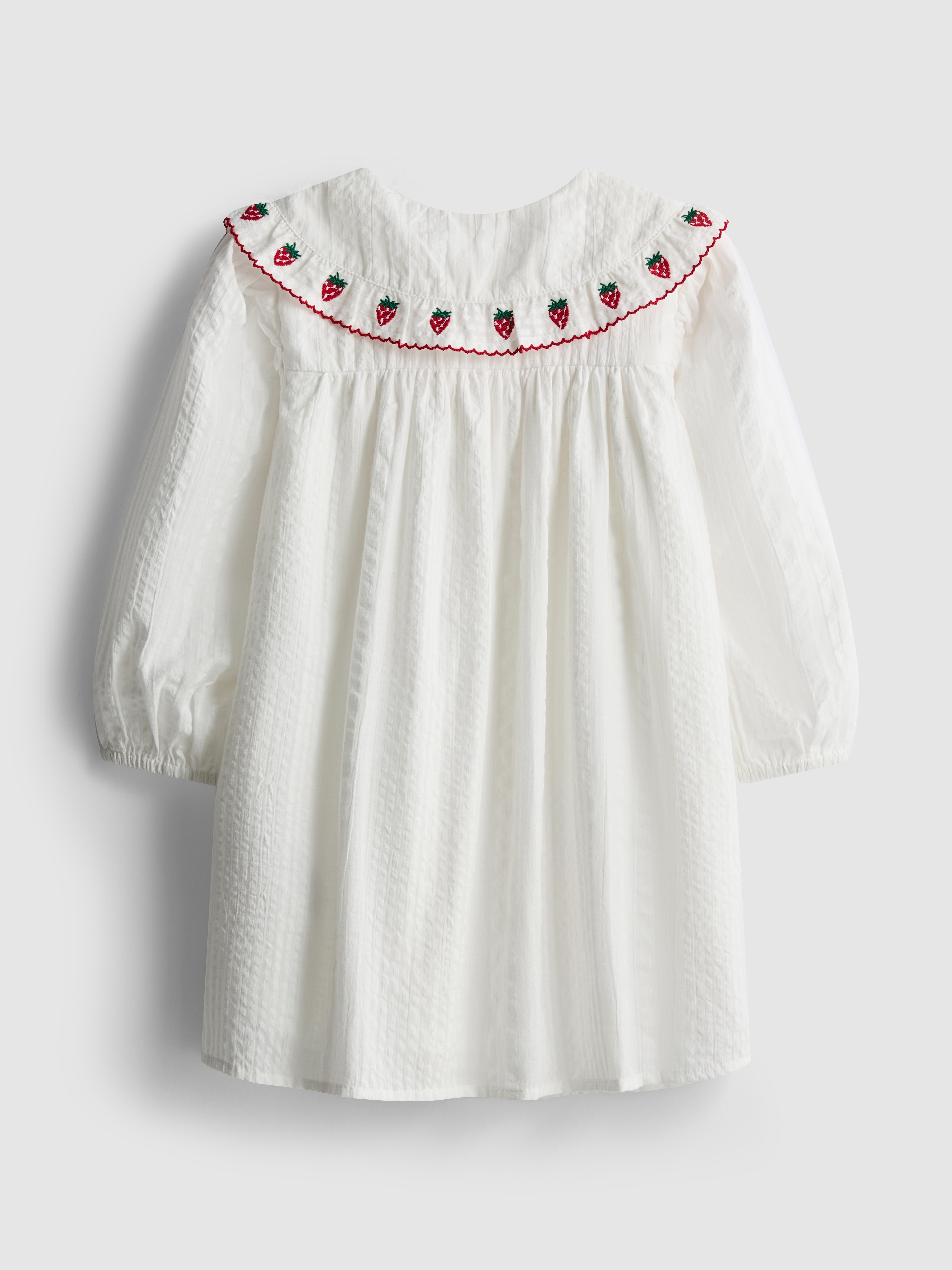 Girls White 1.5-8yrs | Strawberry Embroidered Collared Dress