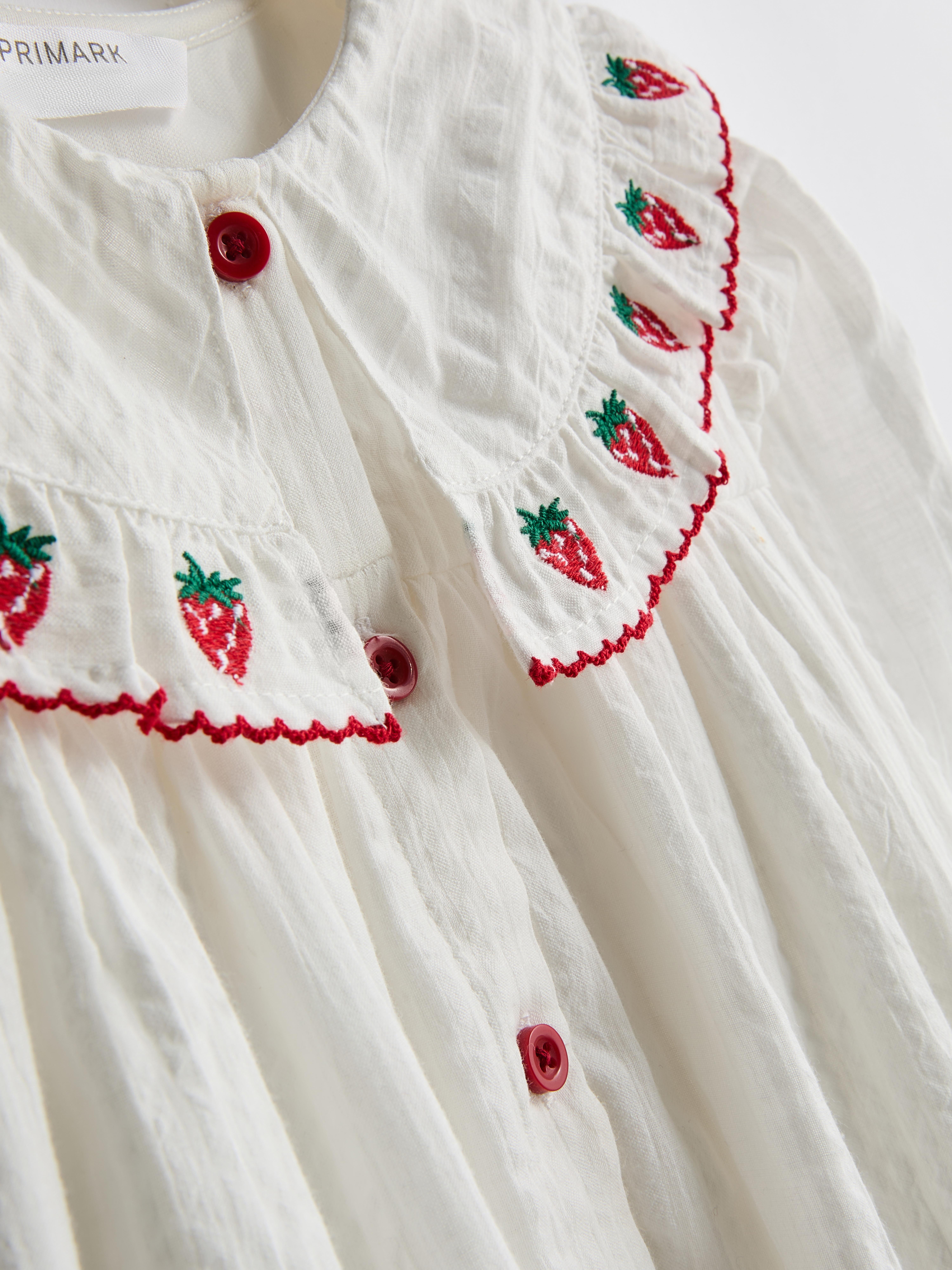 Girls White 1.5-8yrs | Strawberry Embroidered Collared Dress