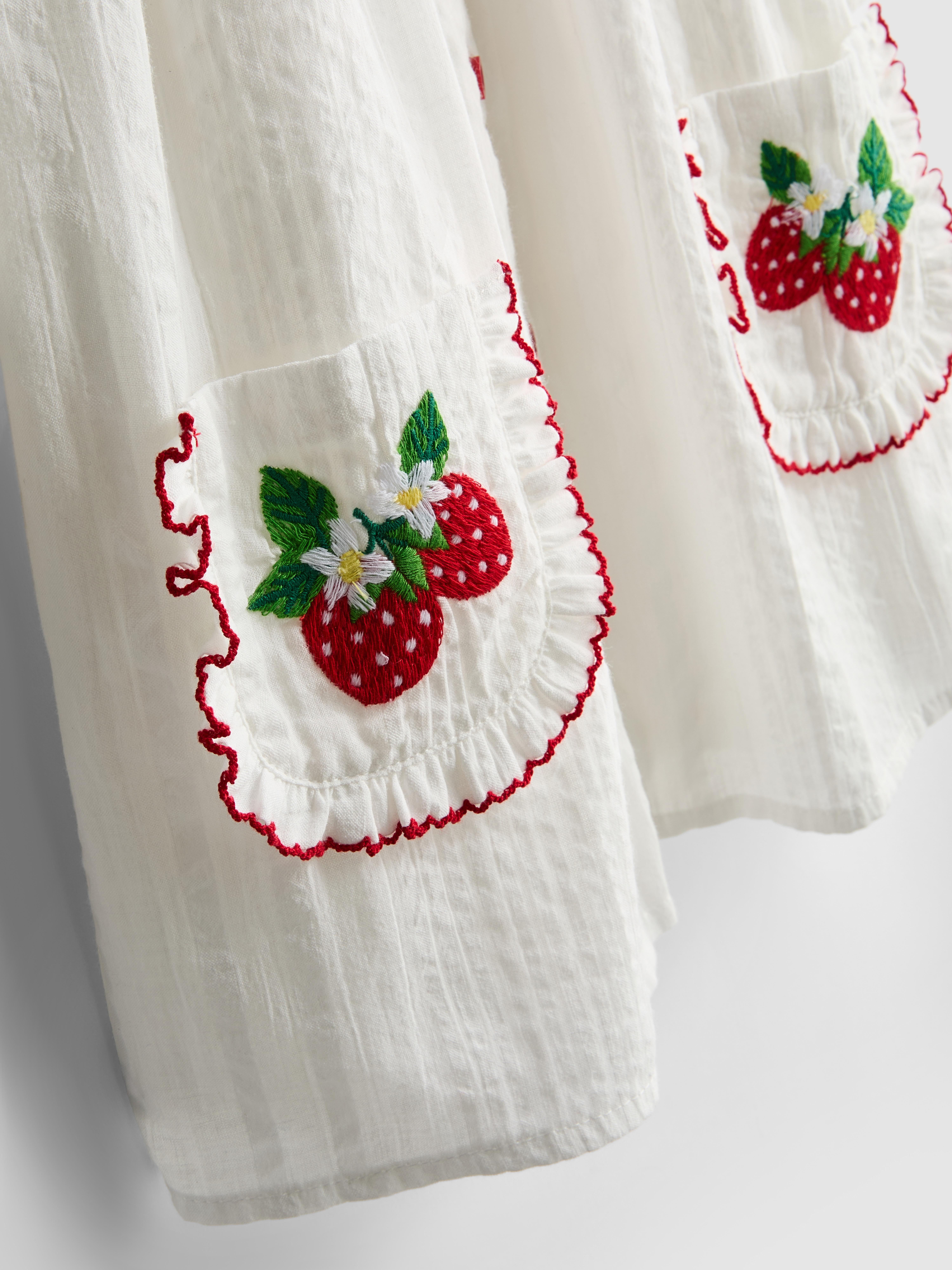Girls White 1.5-8yrs | Strawberry Embroidered Collared Dress