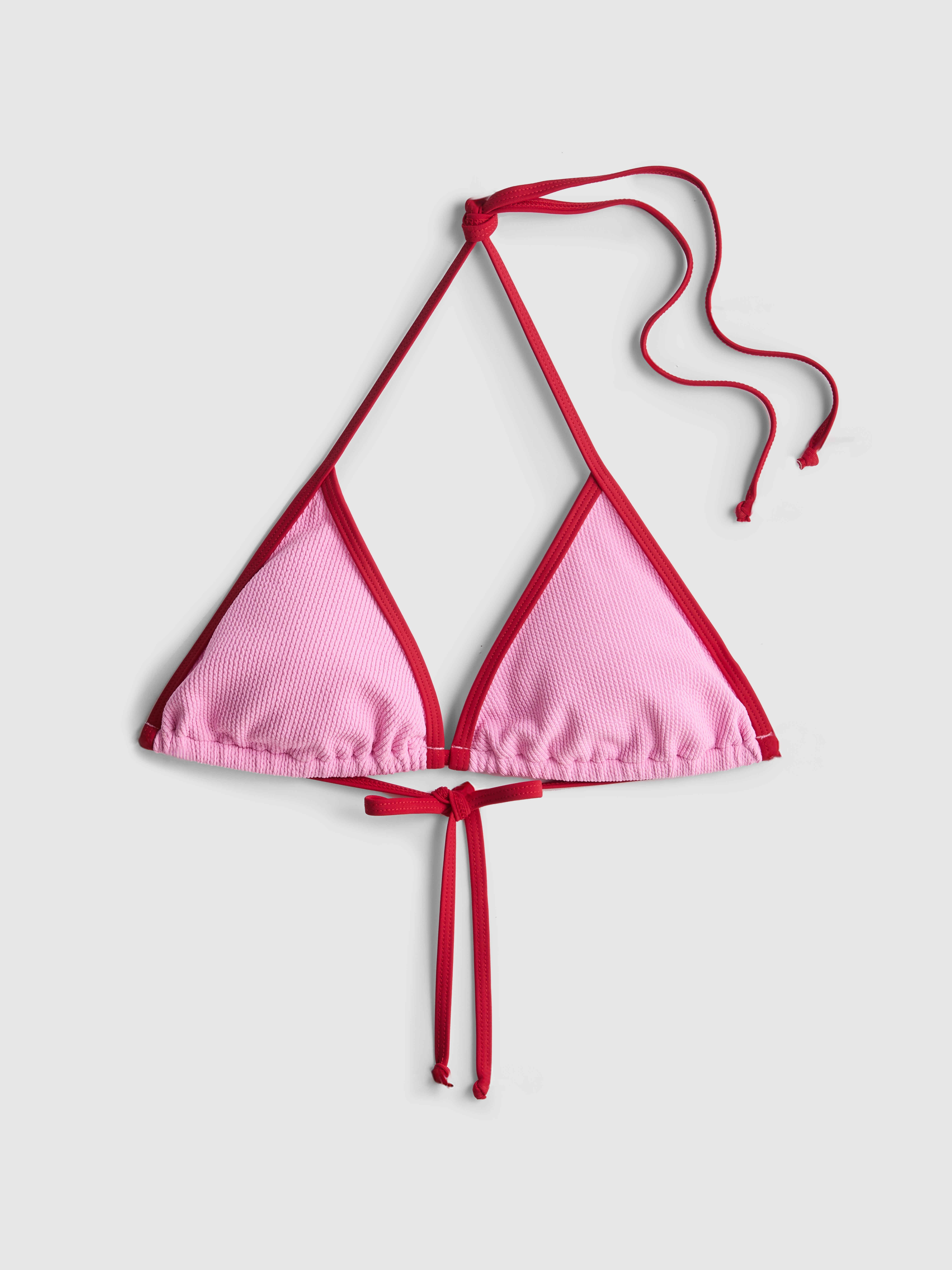 Women's Pink Crinkle Contrast Triangle Bikini Top