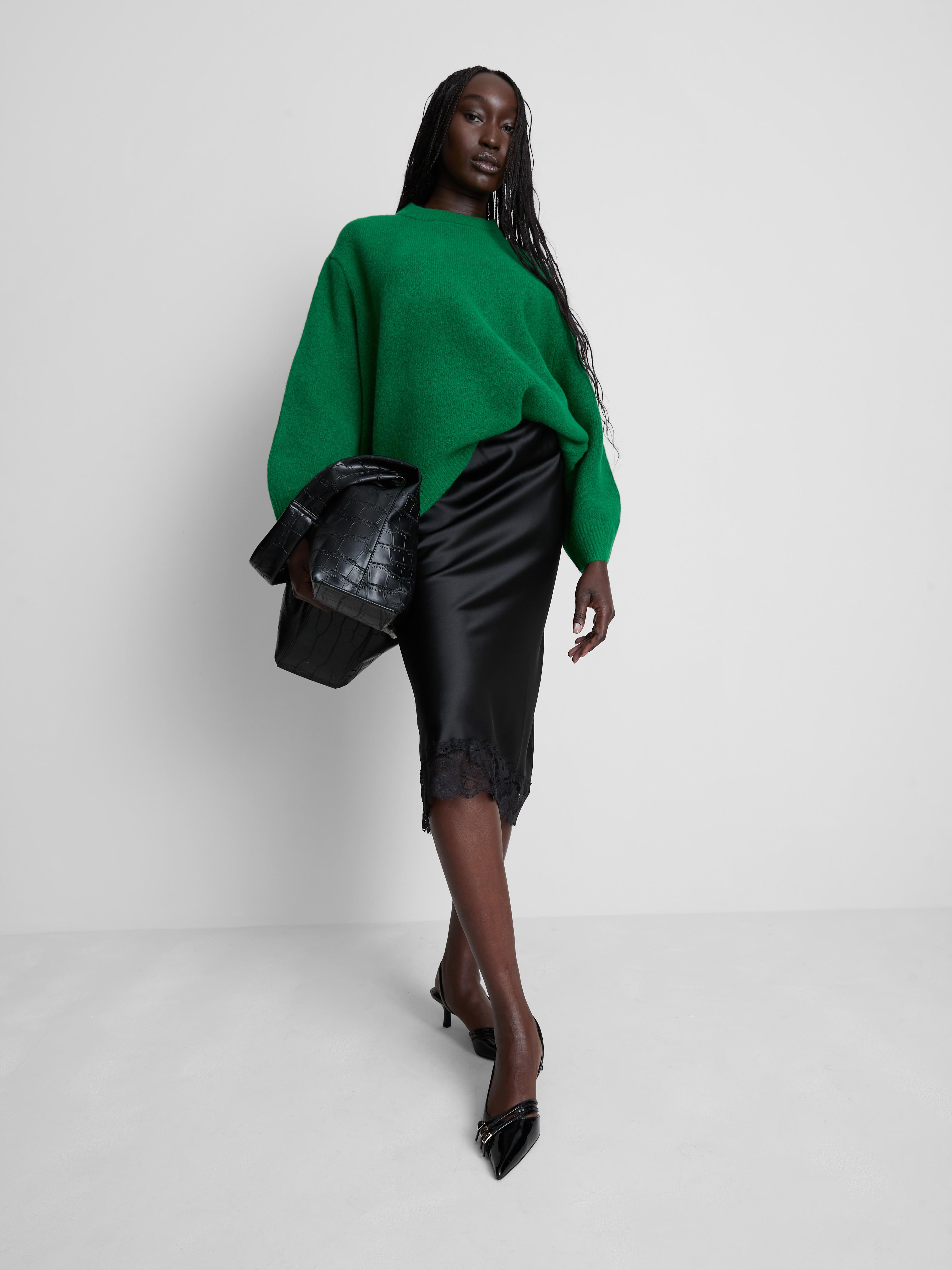 Satin Lace Midi Skirt Black