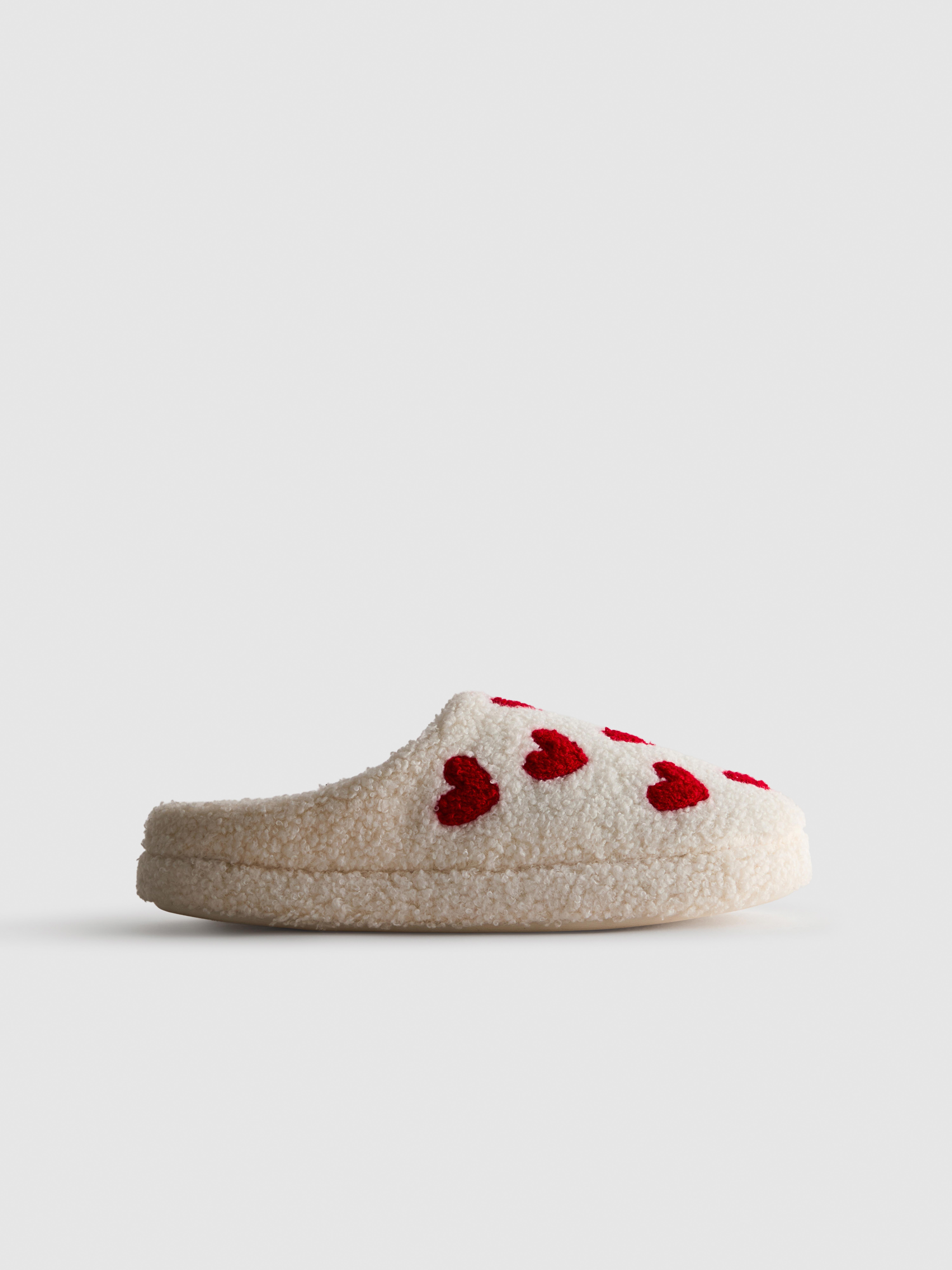 Women's Cream Borg Heart Mule Slippers