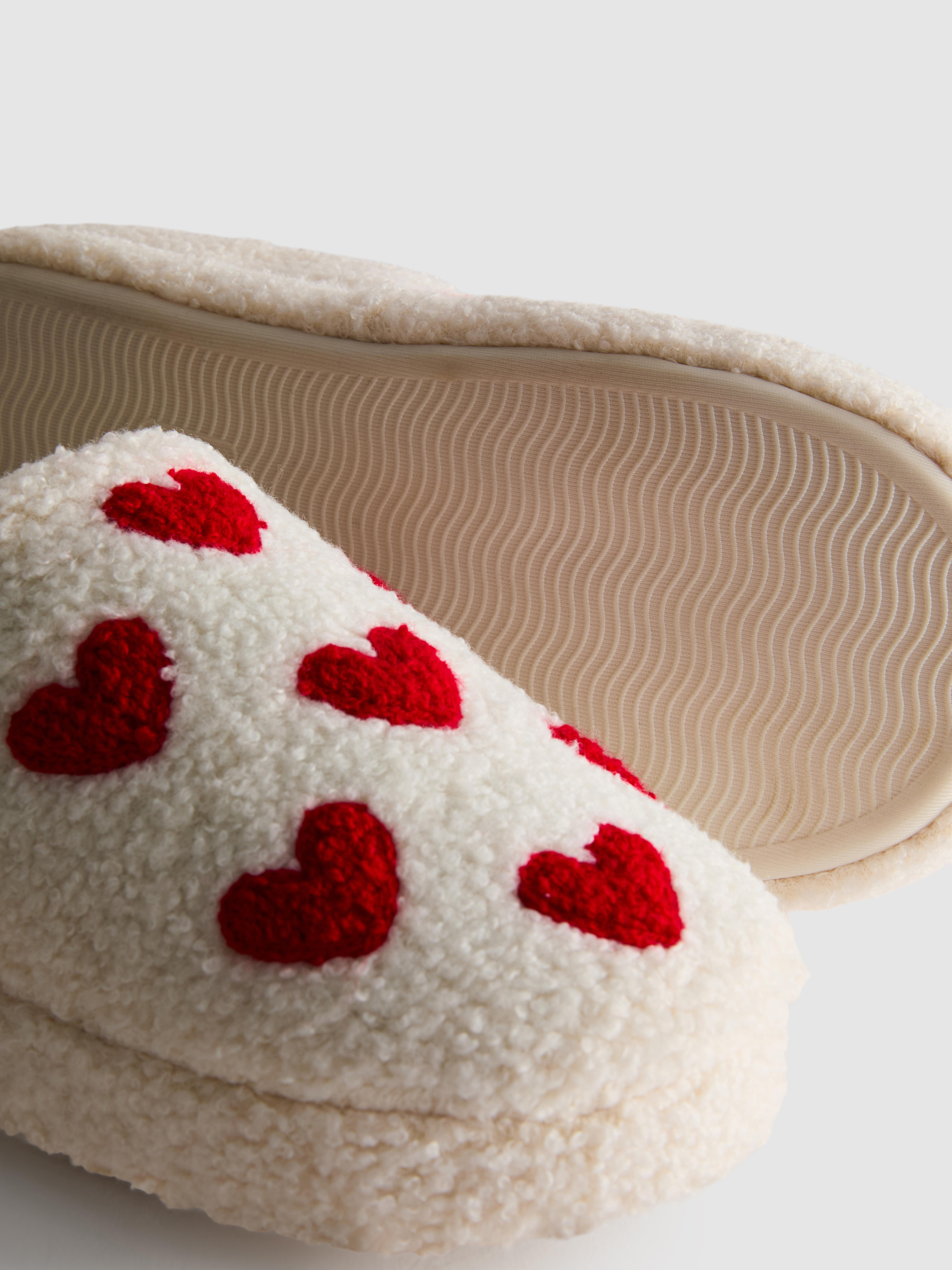 Women's Cream Borg Heart Mule Slippers