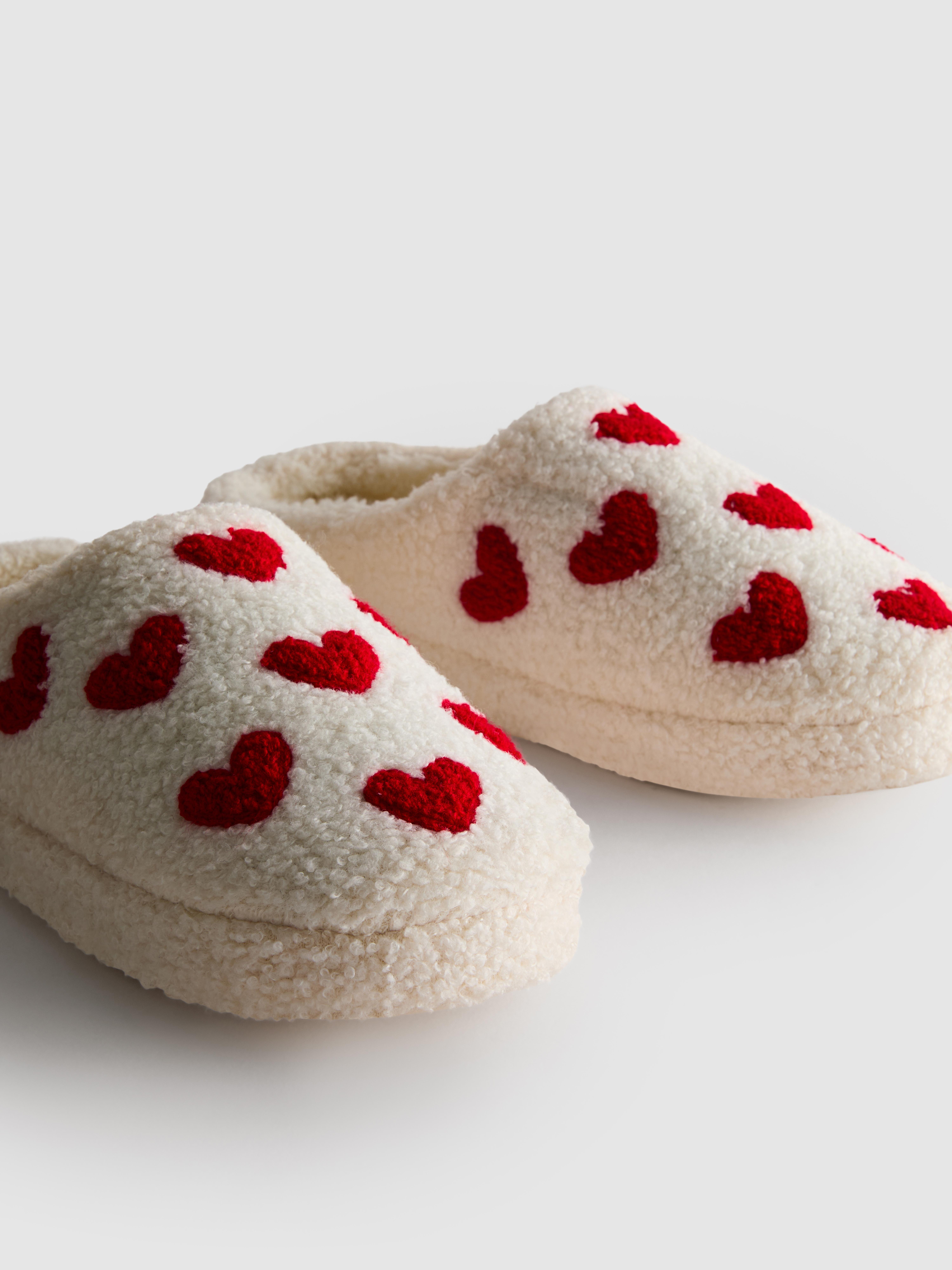 Women's Cream Borg Heart Mule Slippers