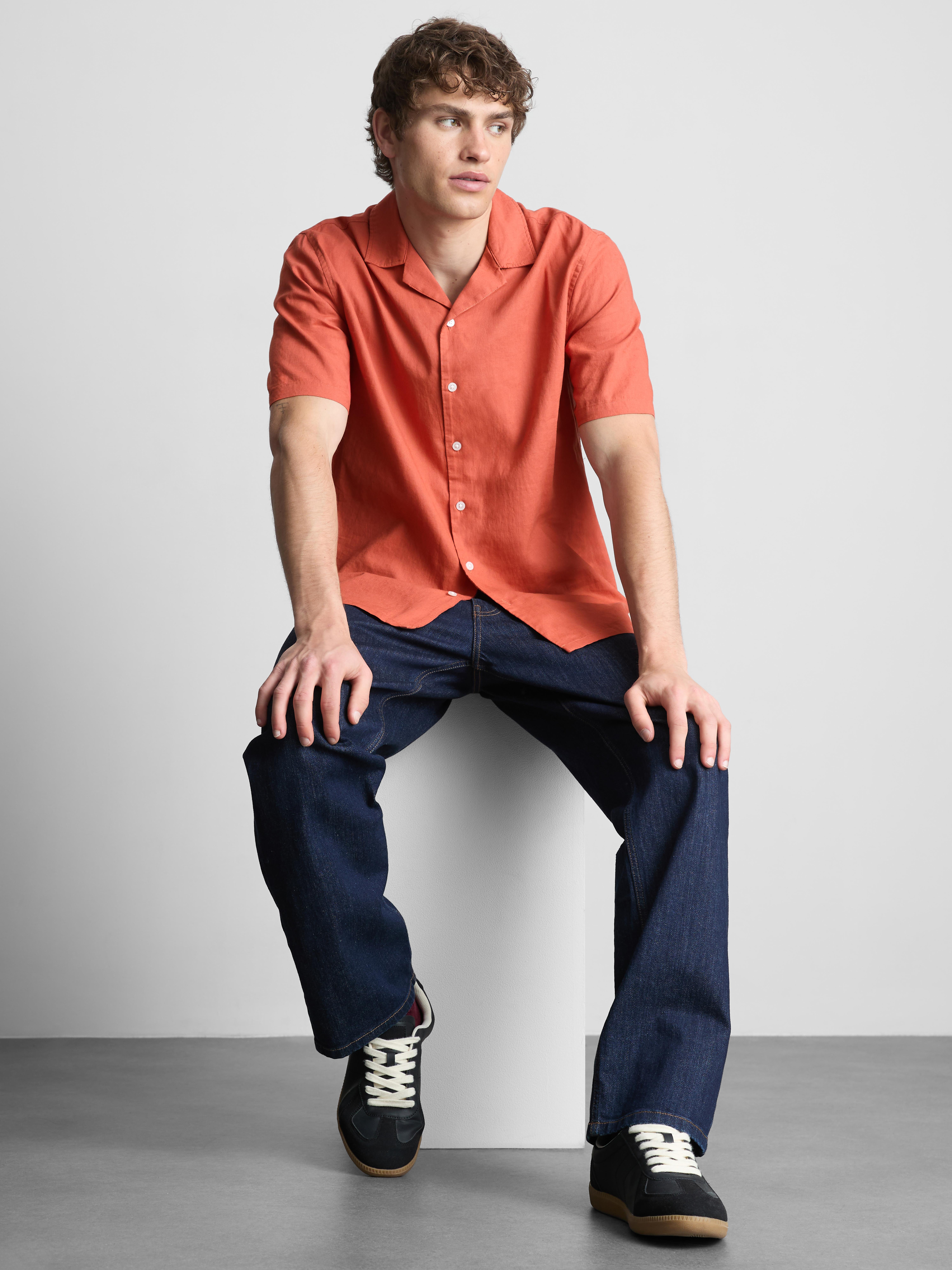 Short Sleeve Linen Blend Shirt Orange