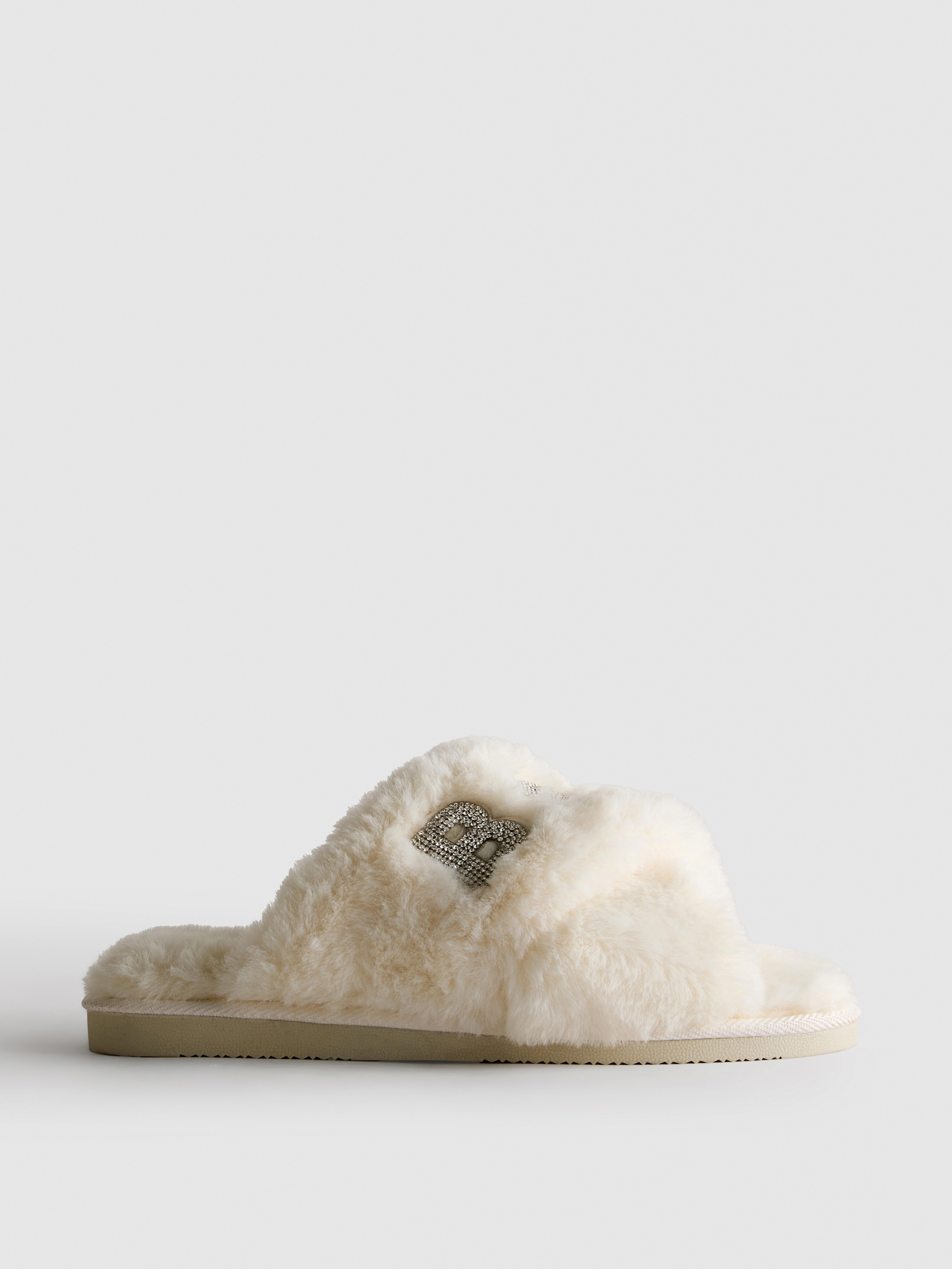 Faux Fur Bridal Cross Strap Mule Slippers