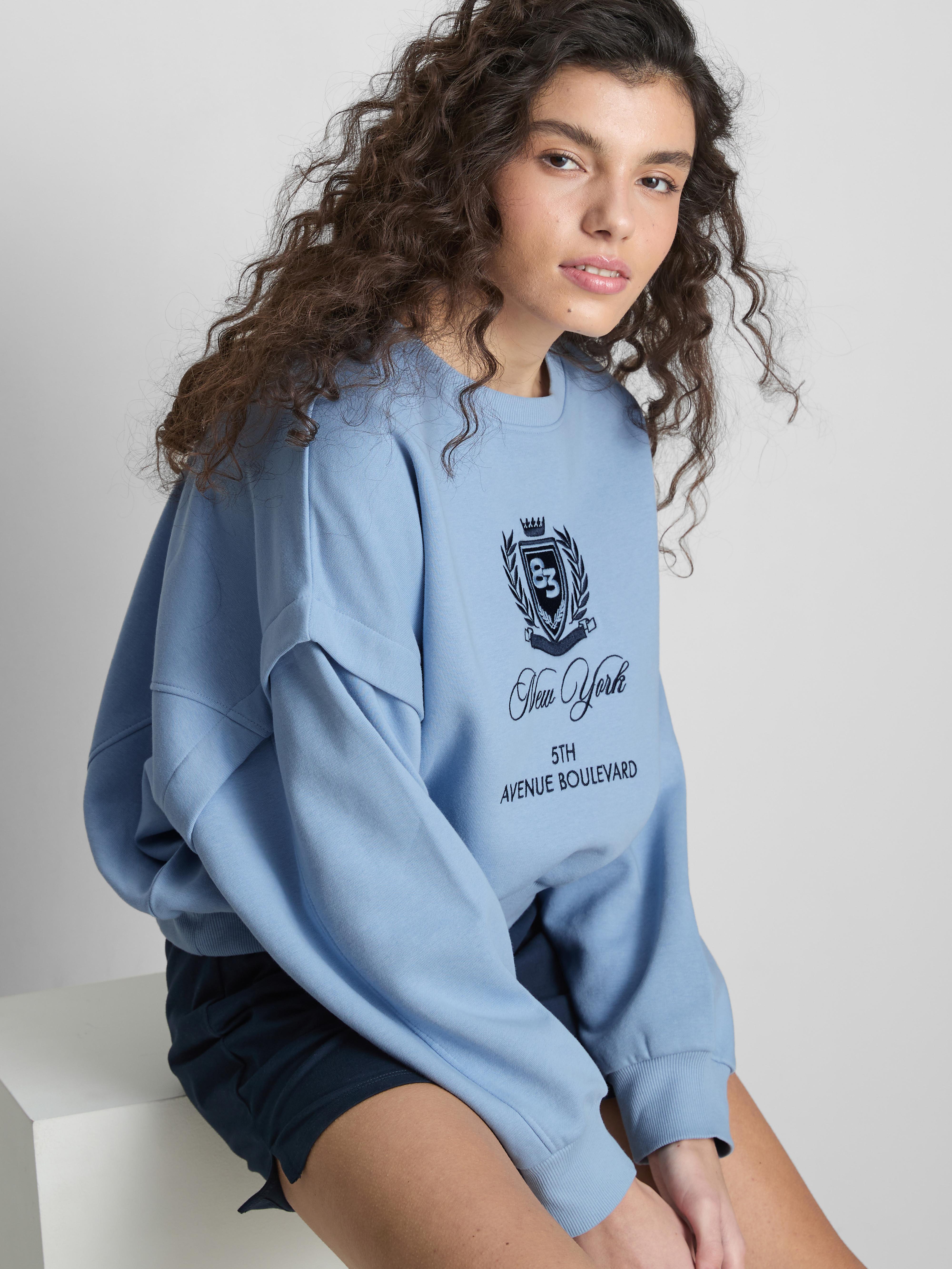 Women's Blue The Primark Scene | Slouchy Cropped Embroidered Sweatshirt