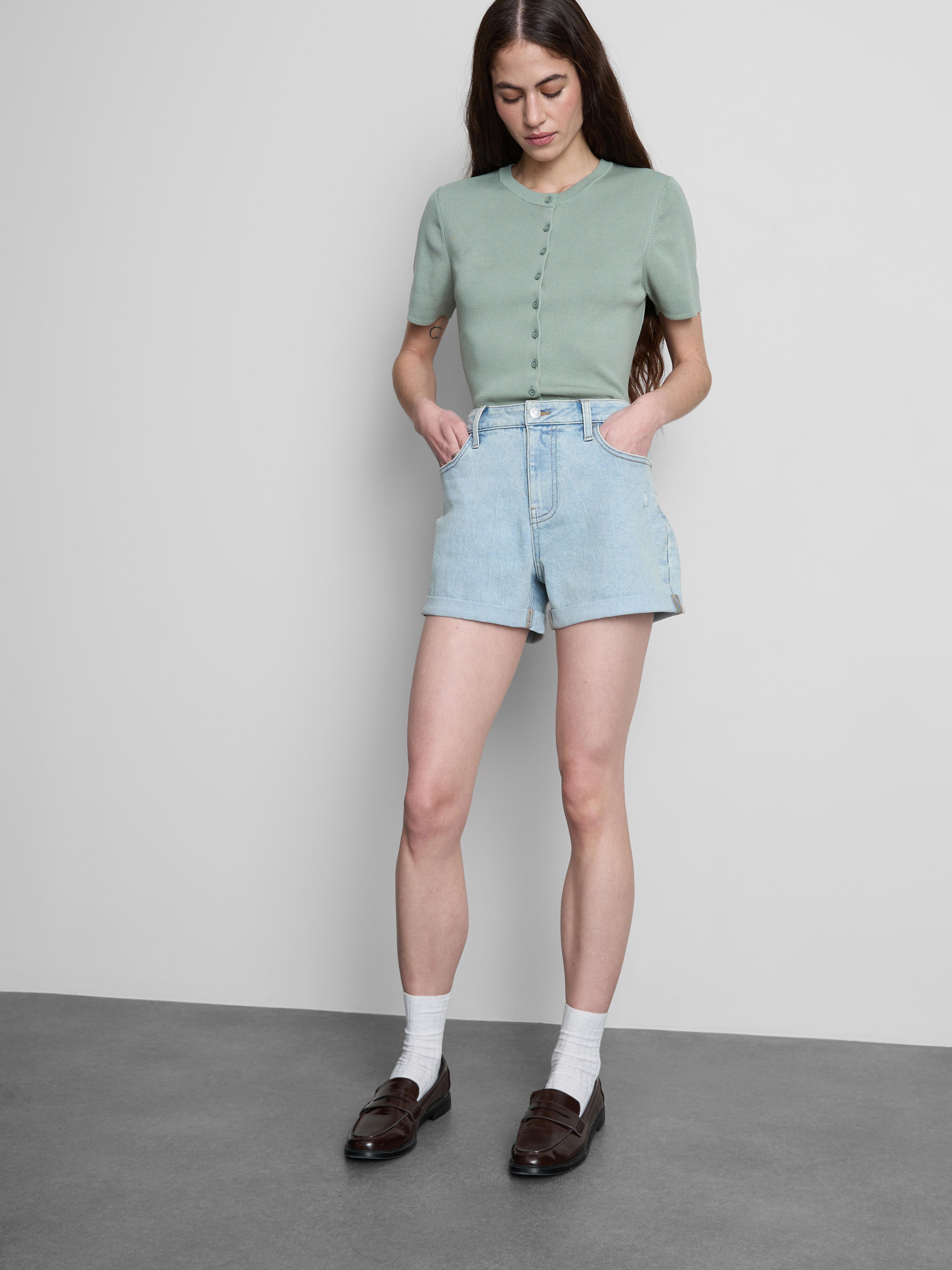 Calções ganga dobra cintura média Azul-claro