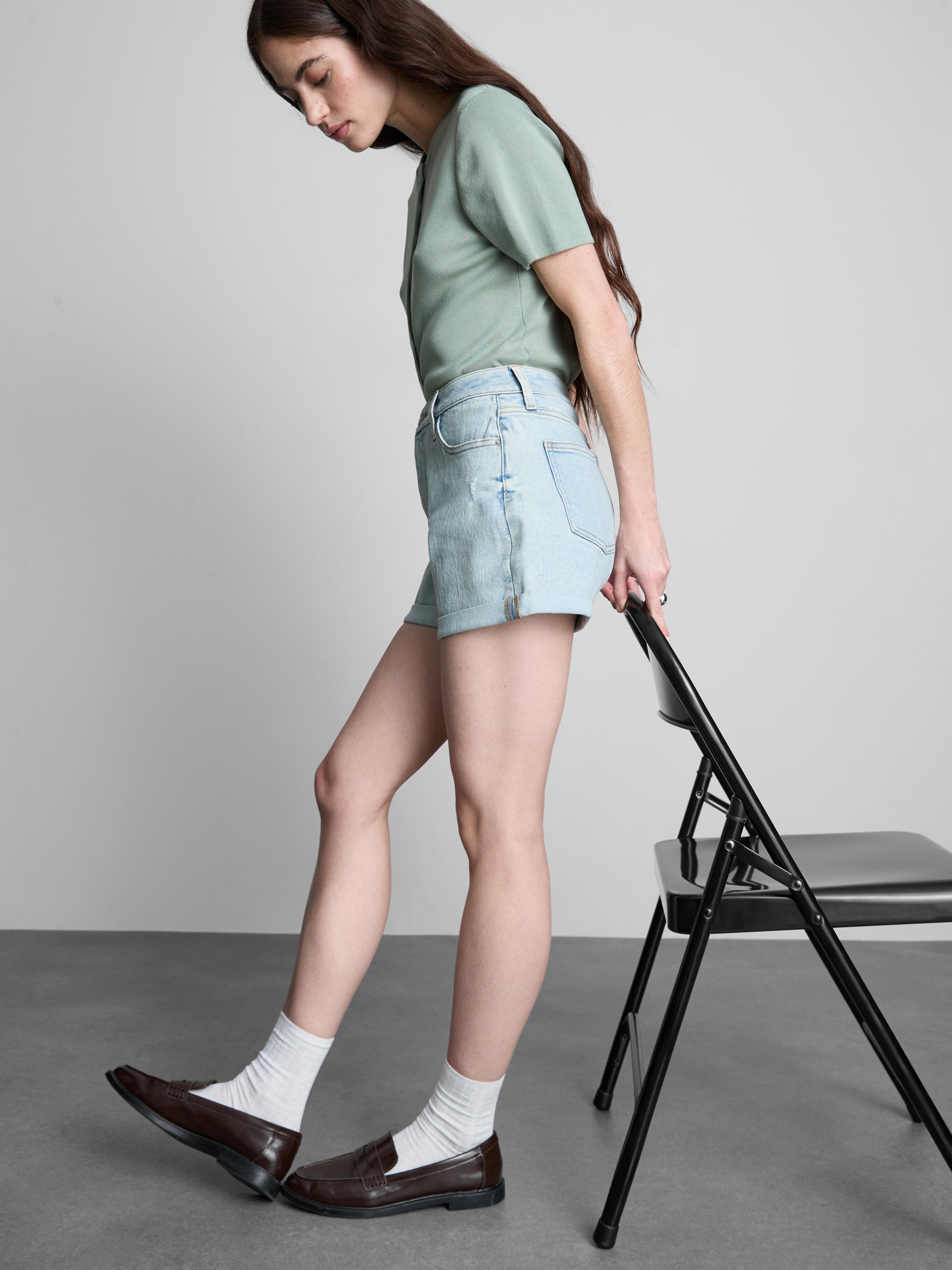 Mid-Rise Turn-Up Denim Shorts