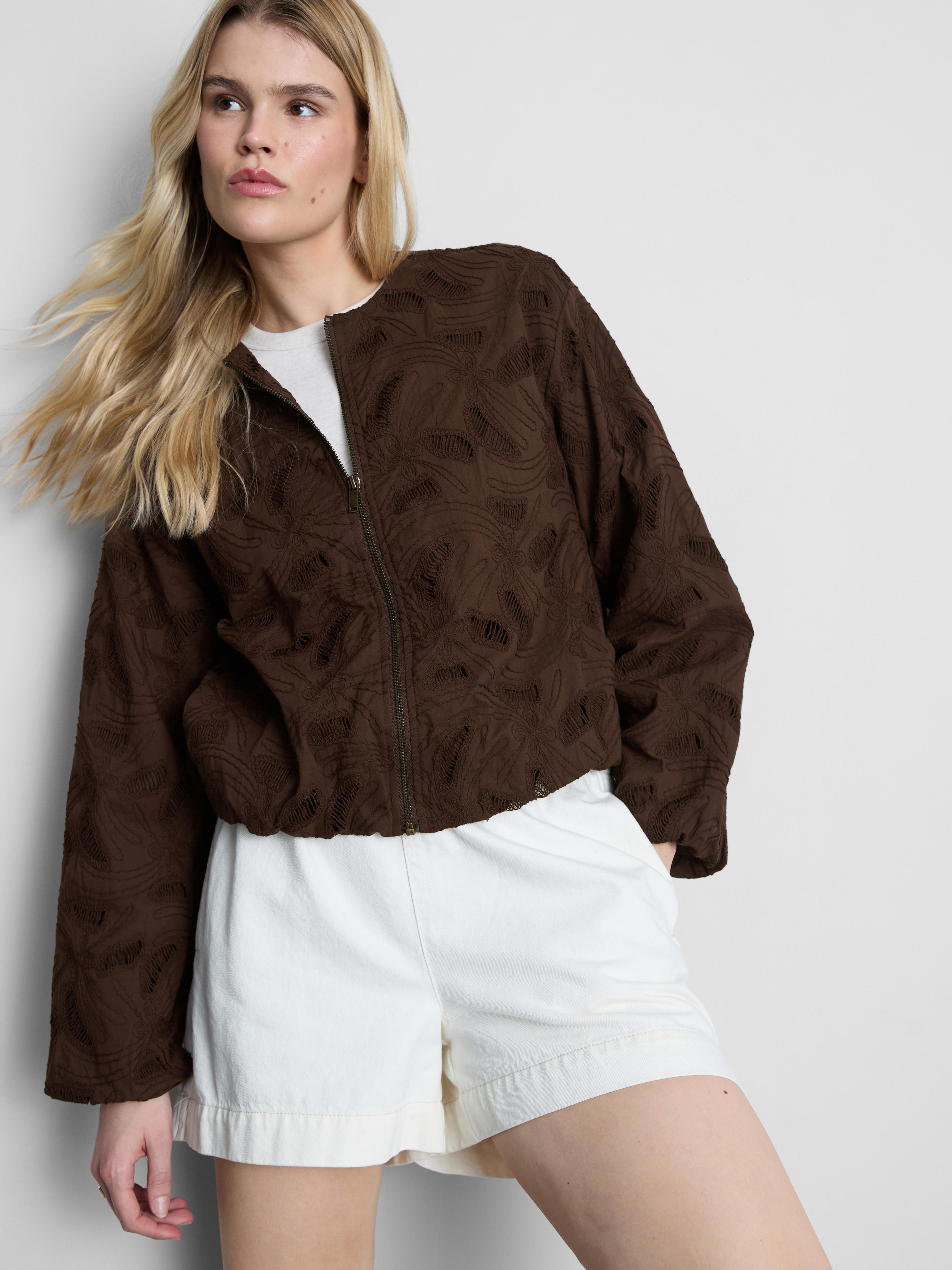 Textured Collarless Bomber Jacket