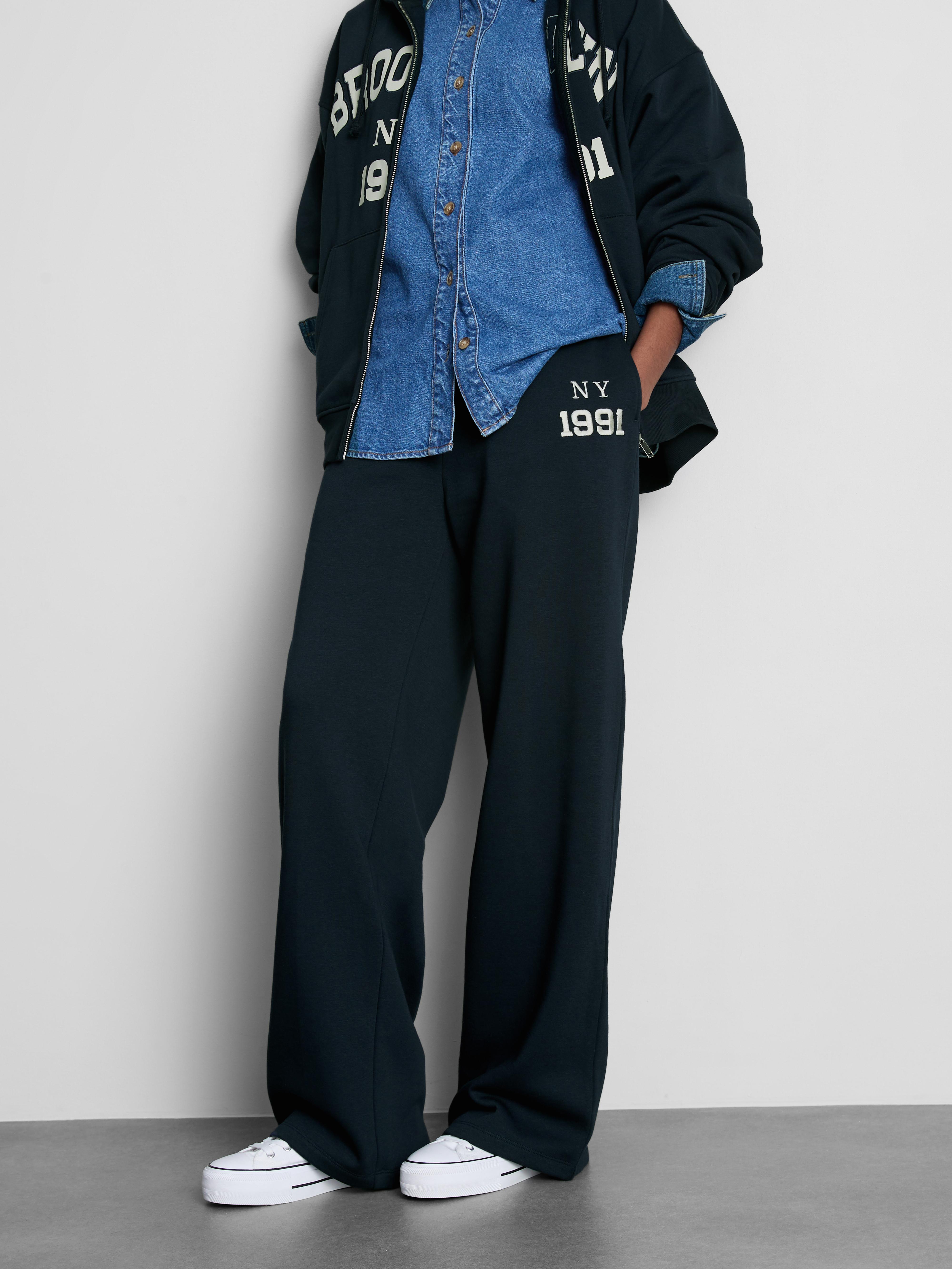 Women's Navy Embroidered Wide-Leg Joggers