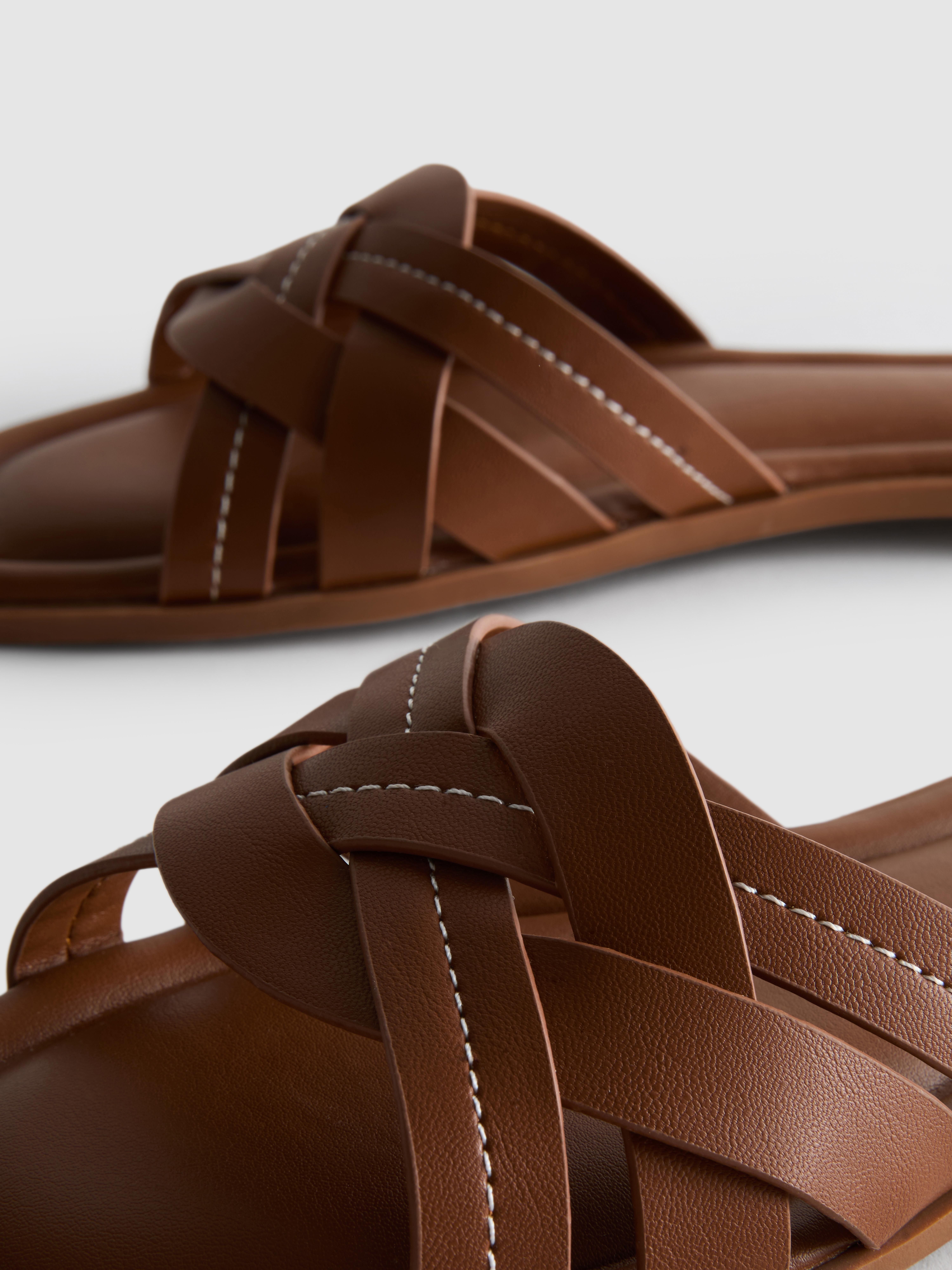 Women's Tan Faux Leather Weave Sandals