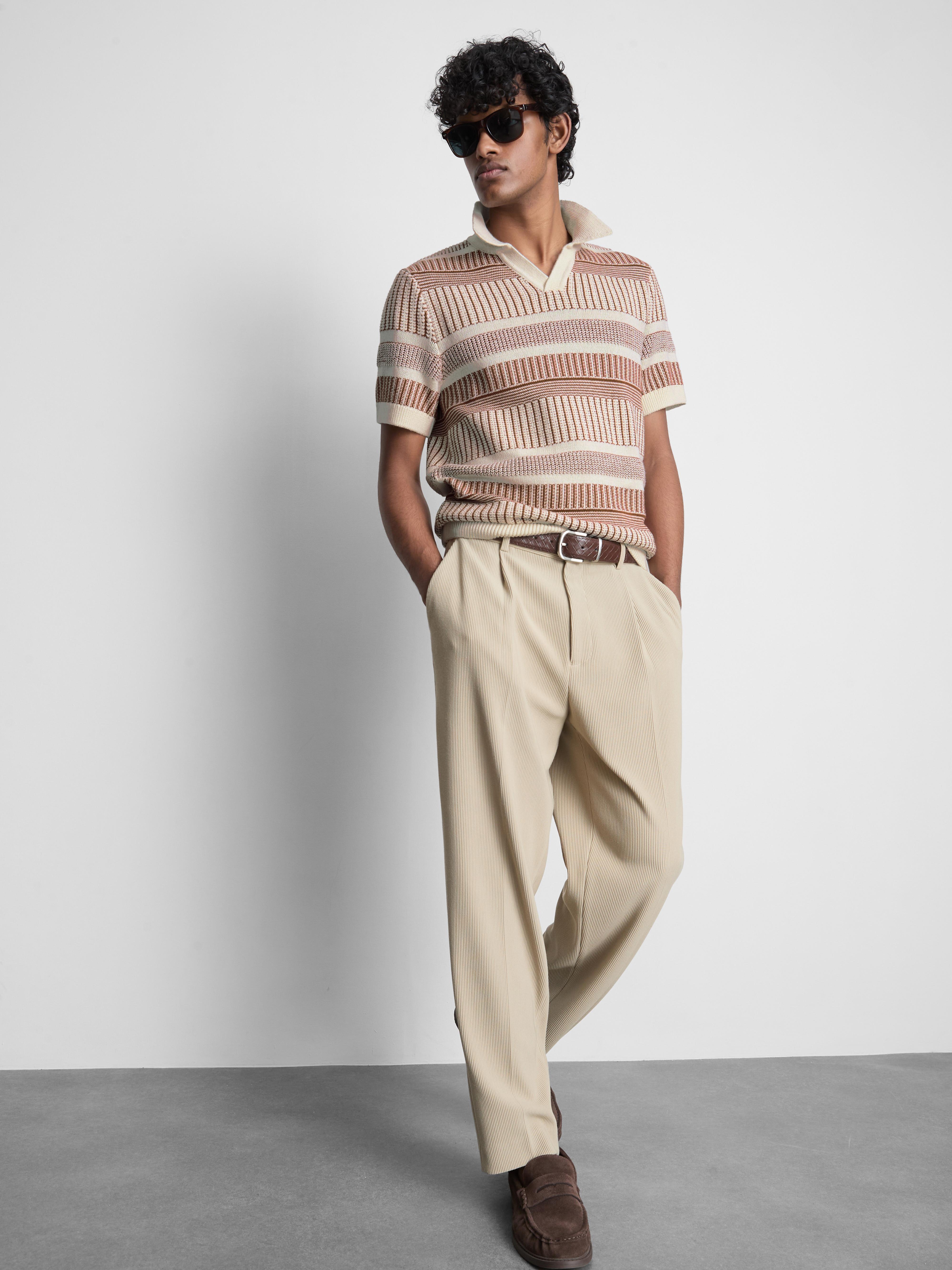 Gebreid poloshirt met strepen Ecru