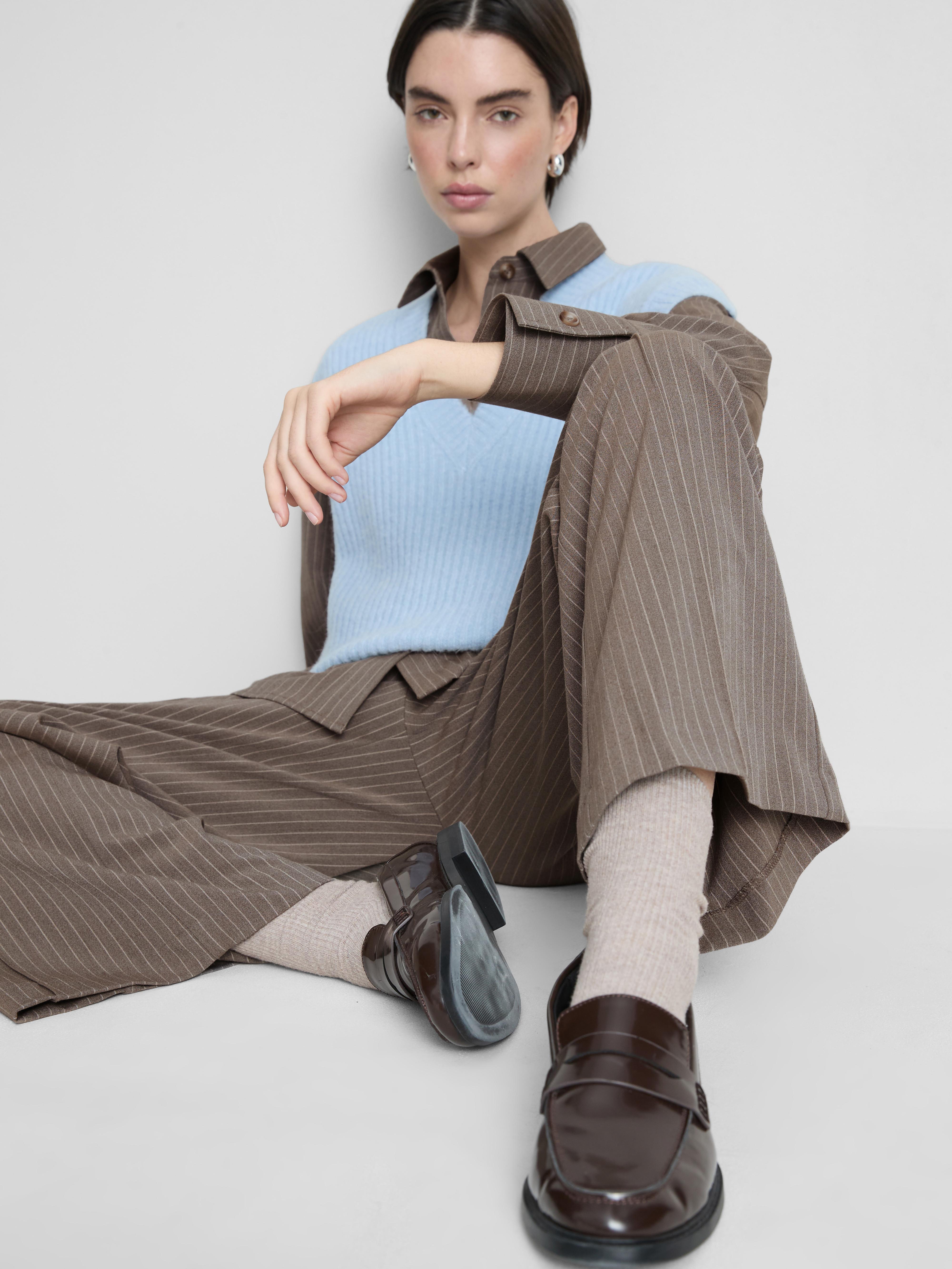 Brushed Wide-Leg Pinstripe Pants