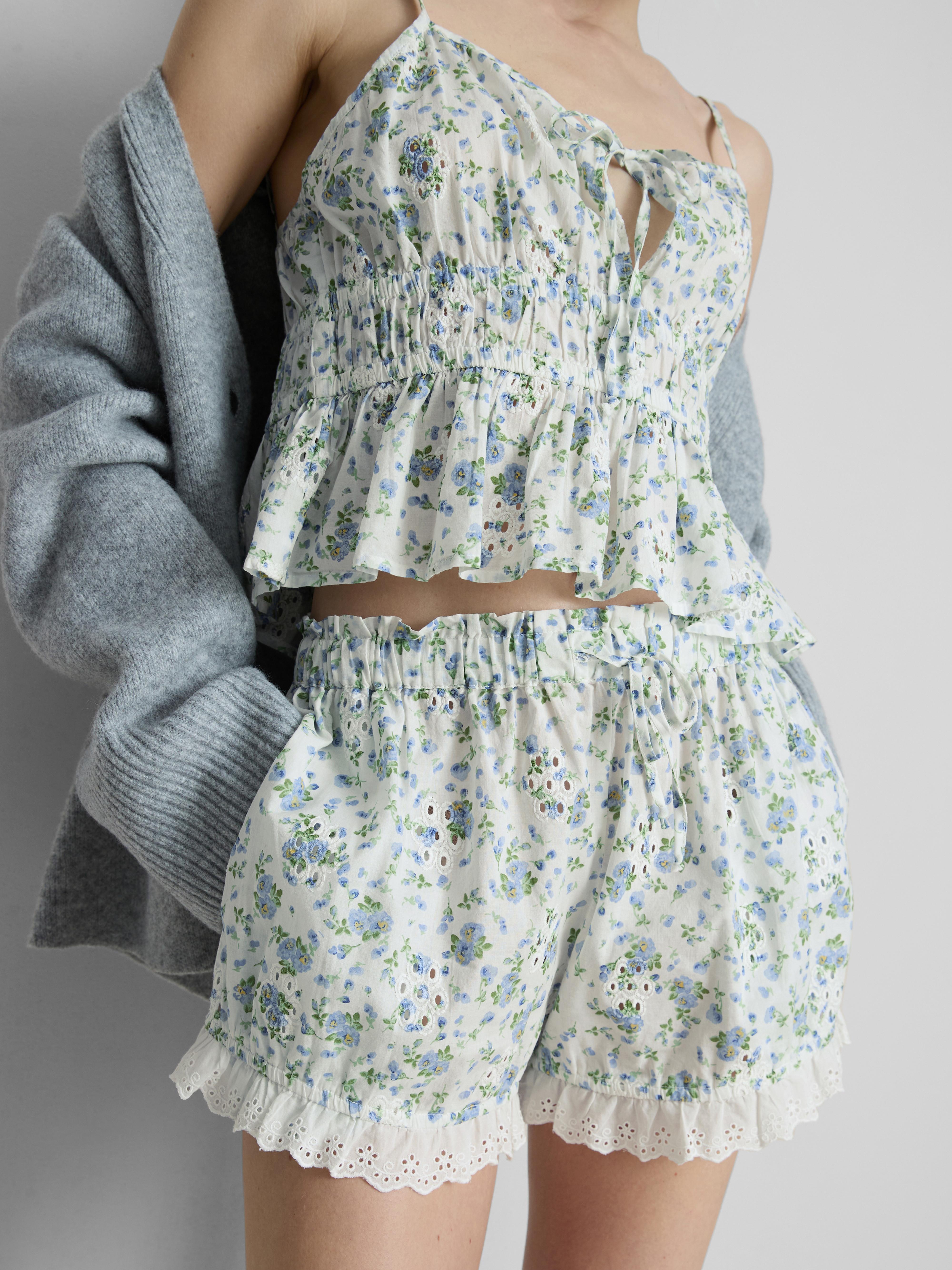 Printed Broderie Pajama Shorts