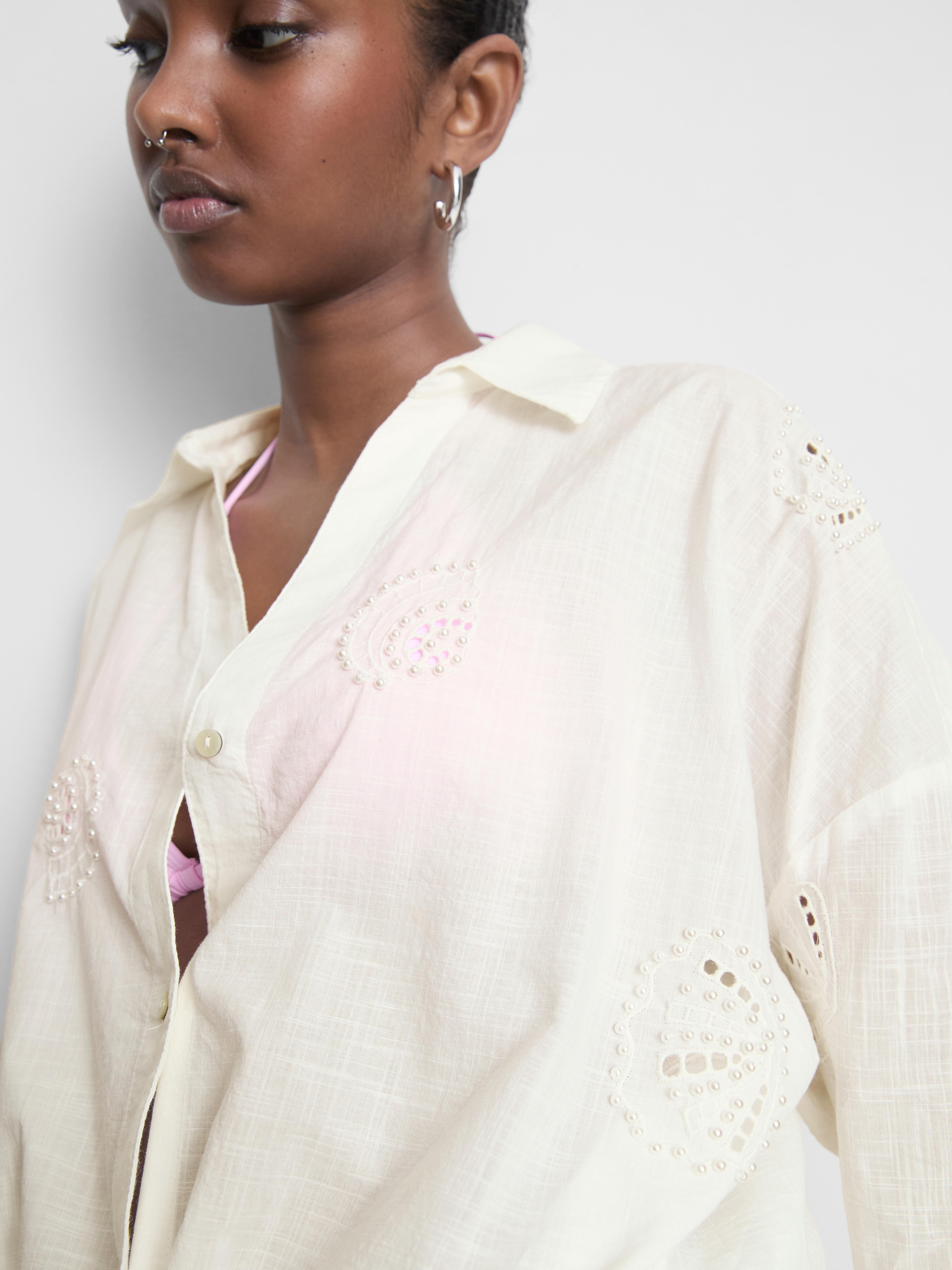 Cotton Pearl Detail Beach Shirt