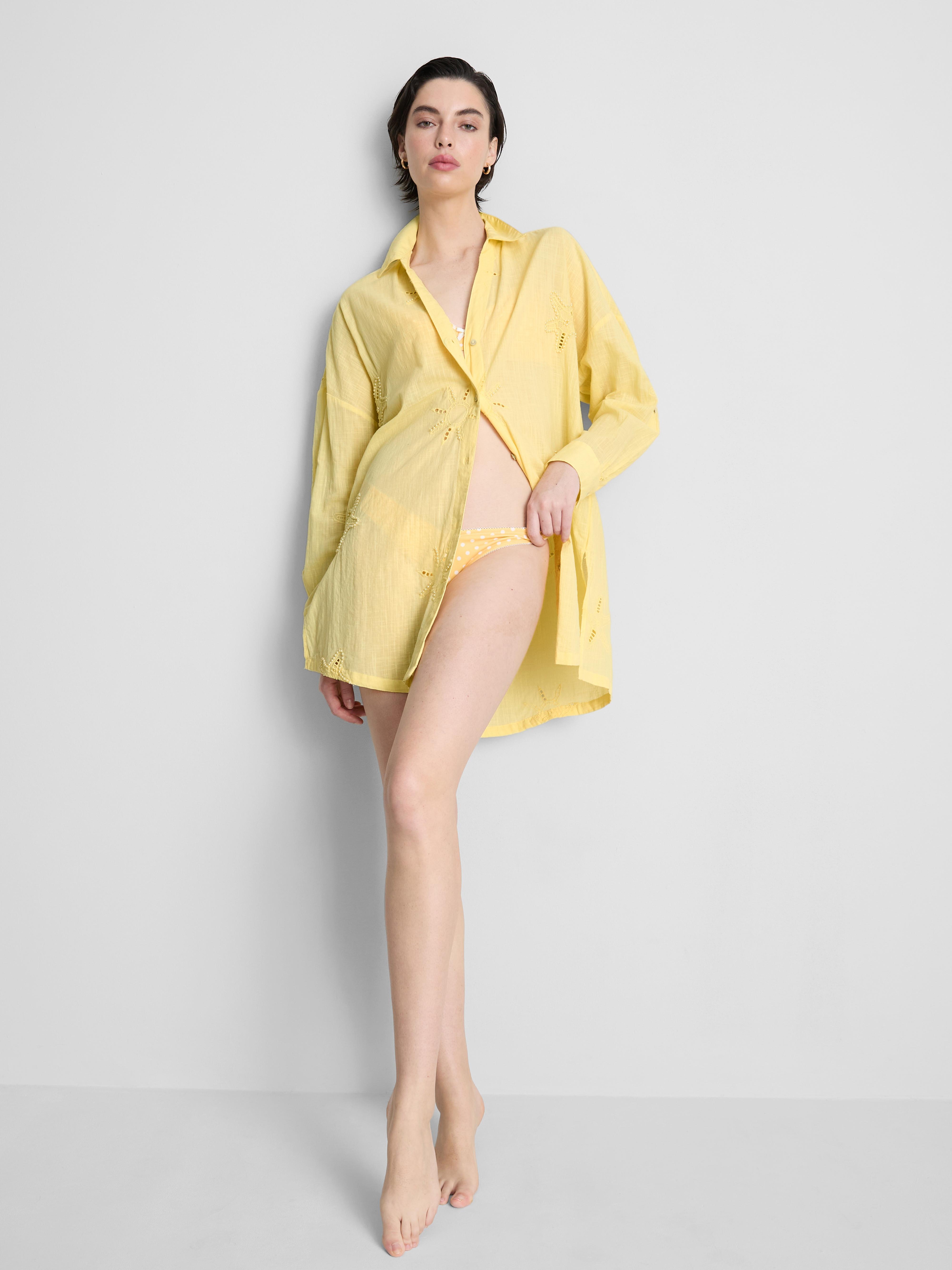Cotton Pearl Detail Beach Shirt Yellow