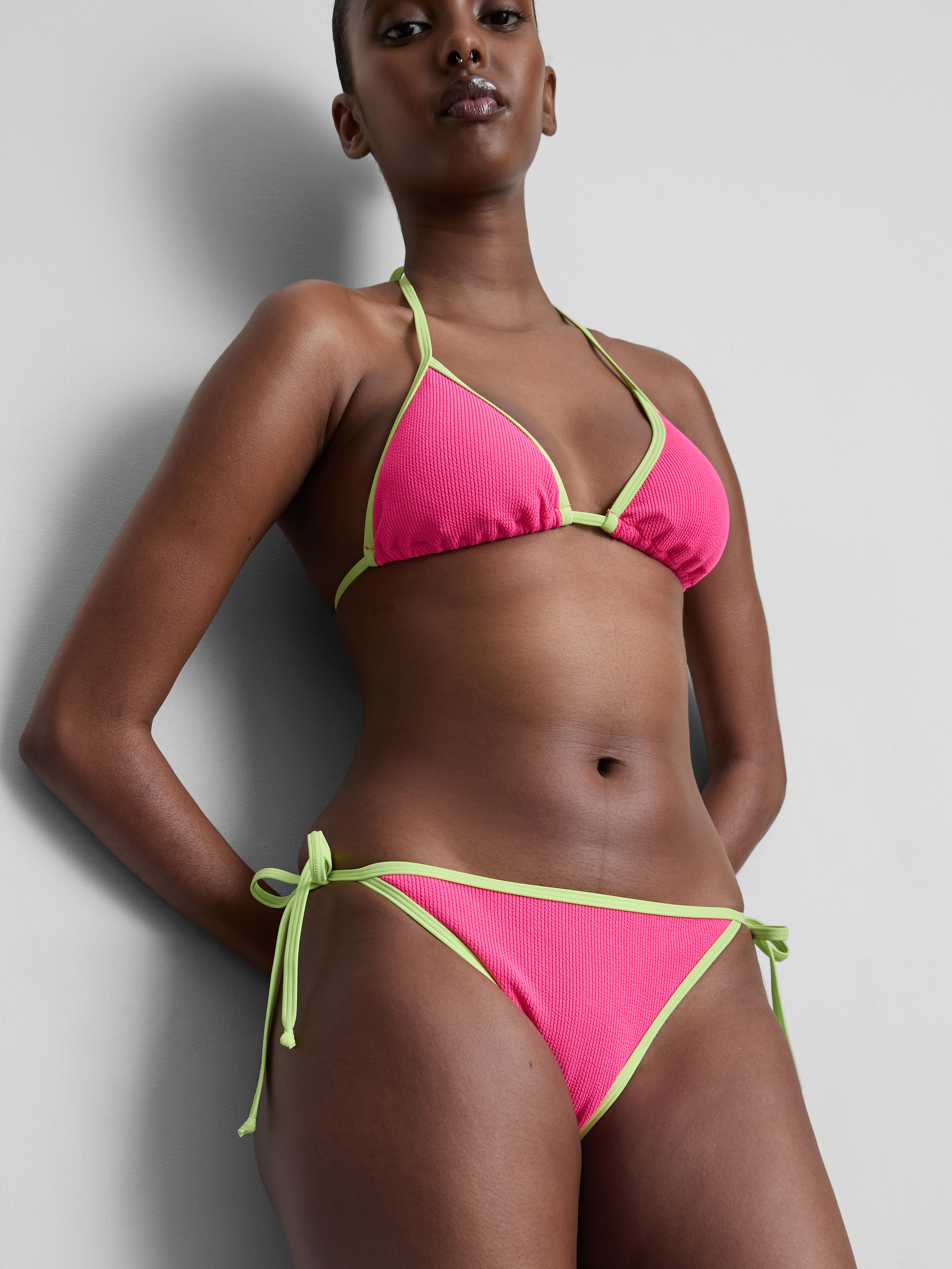 Crinkle Contrast Side Tie Bikini Bottoms