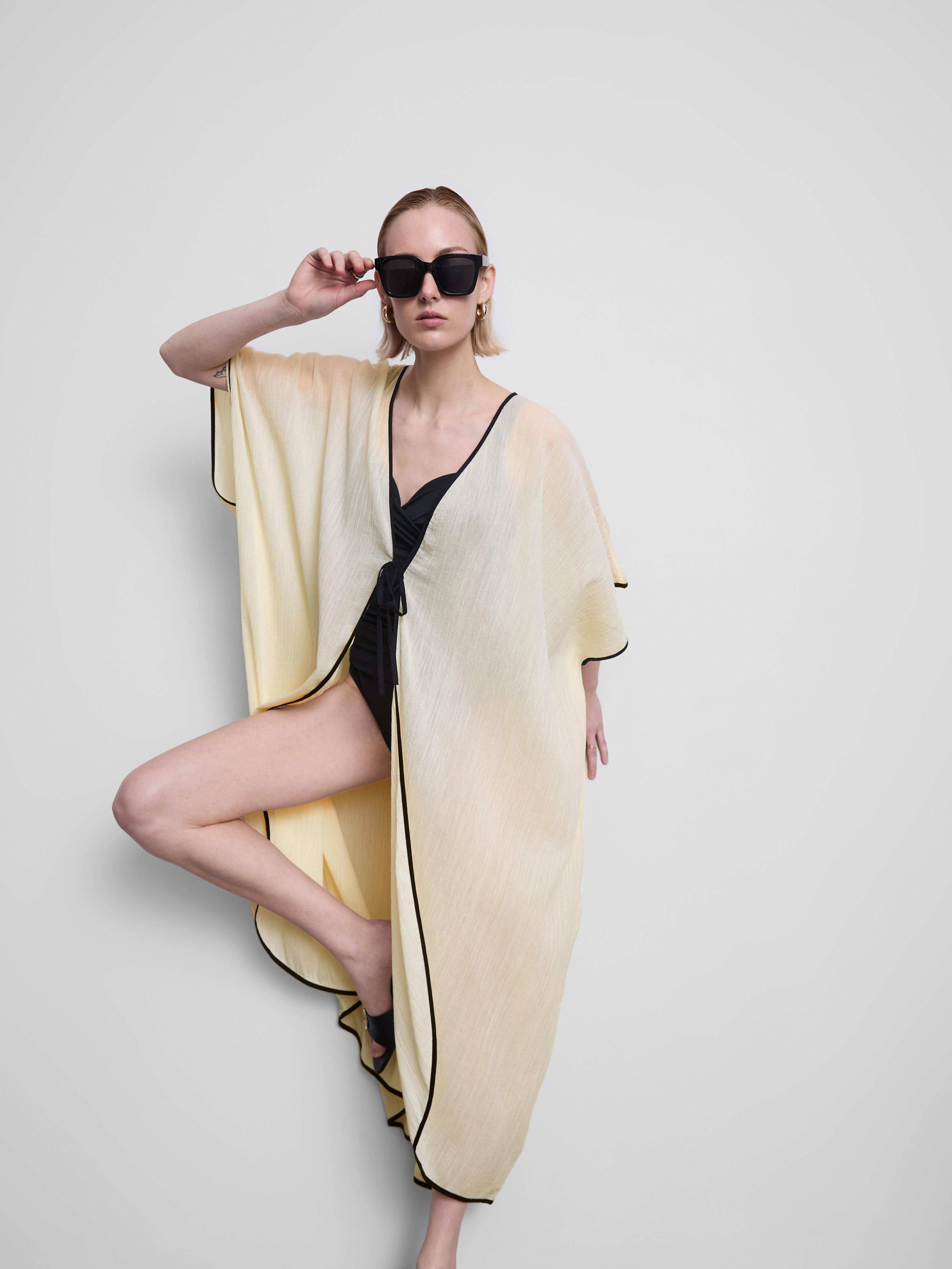 Women's Cream Sheer Contrast Beach Kimono