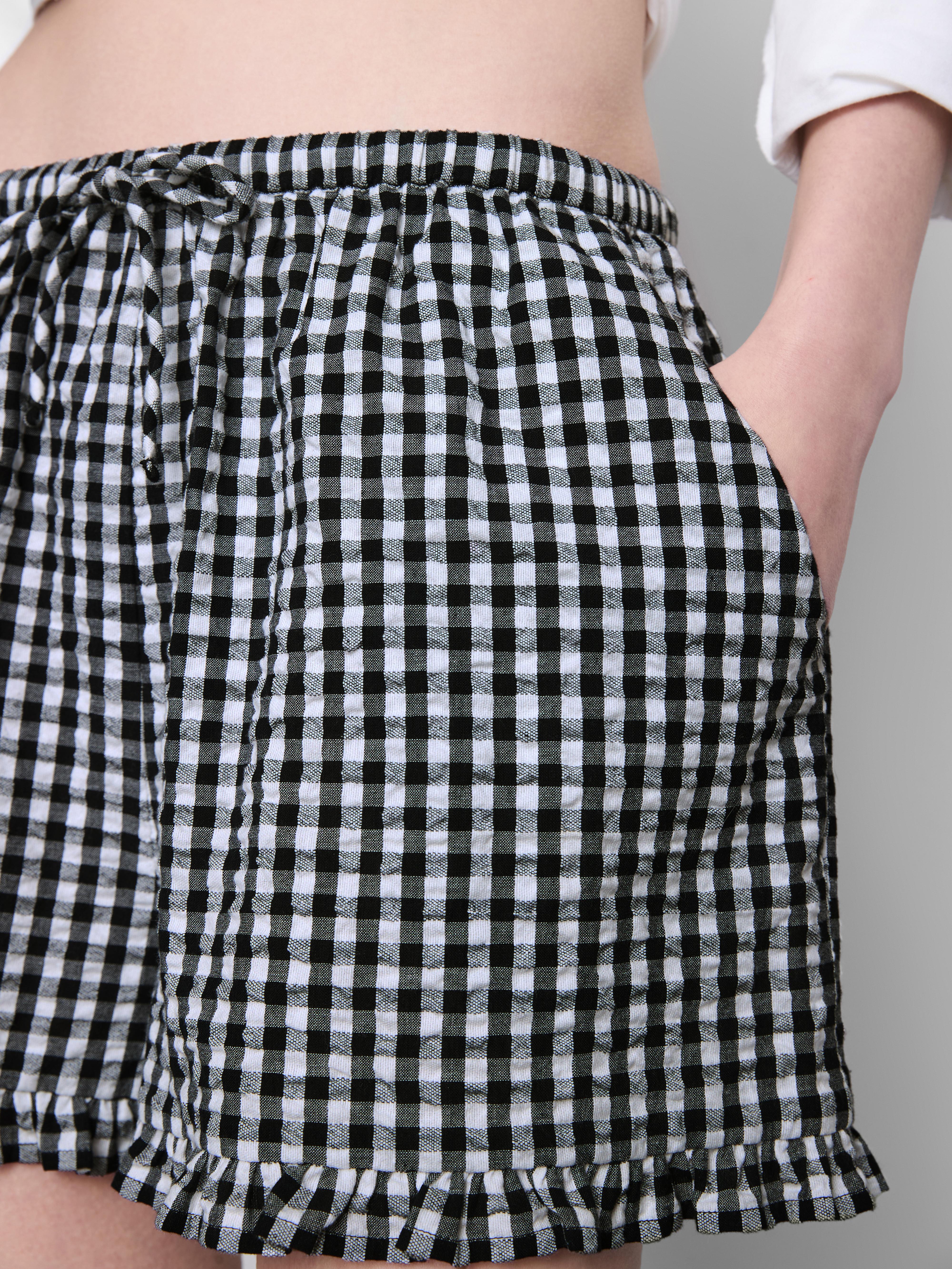 Women's Black Cotton Gingham Frill Beach Shorts