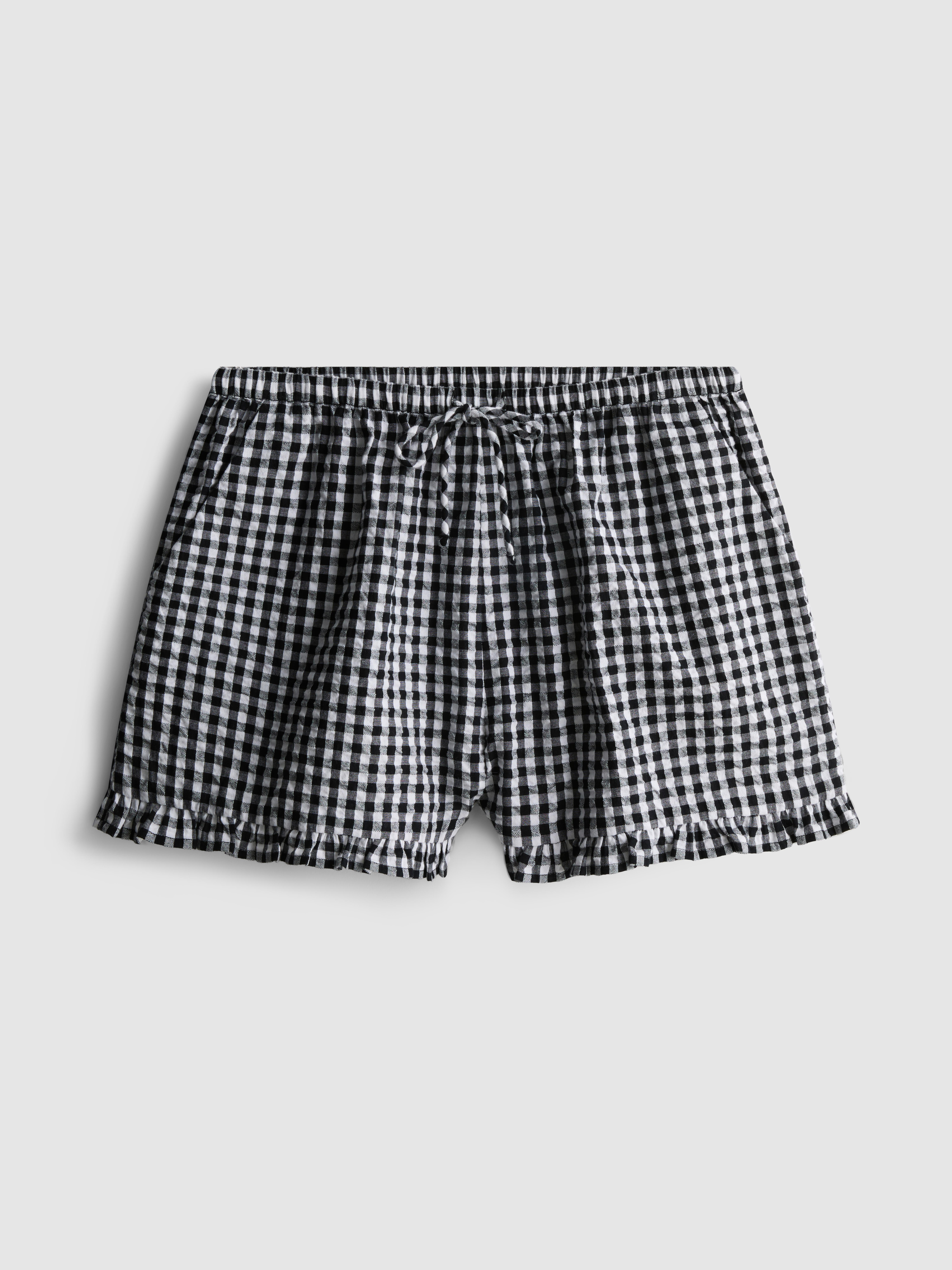 Women's Black Cotton Gingham Frill Beach Shorts