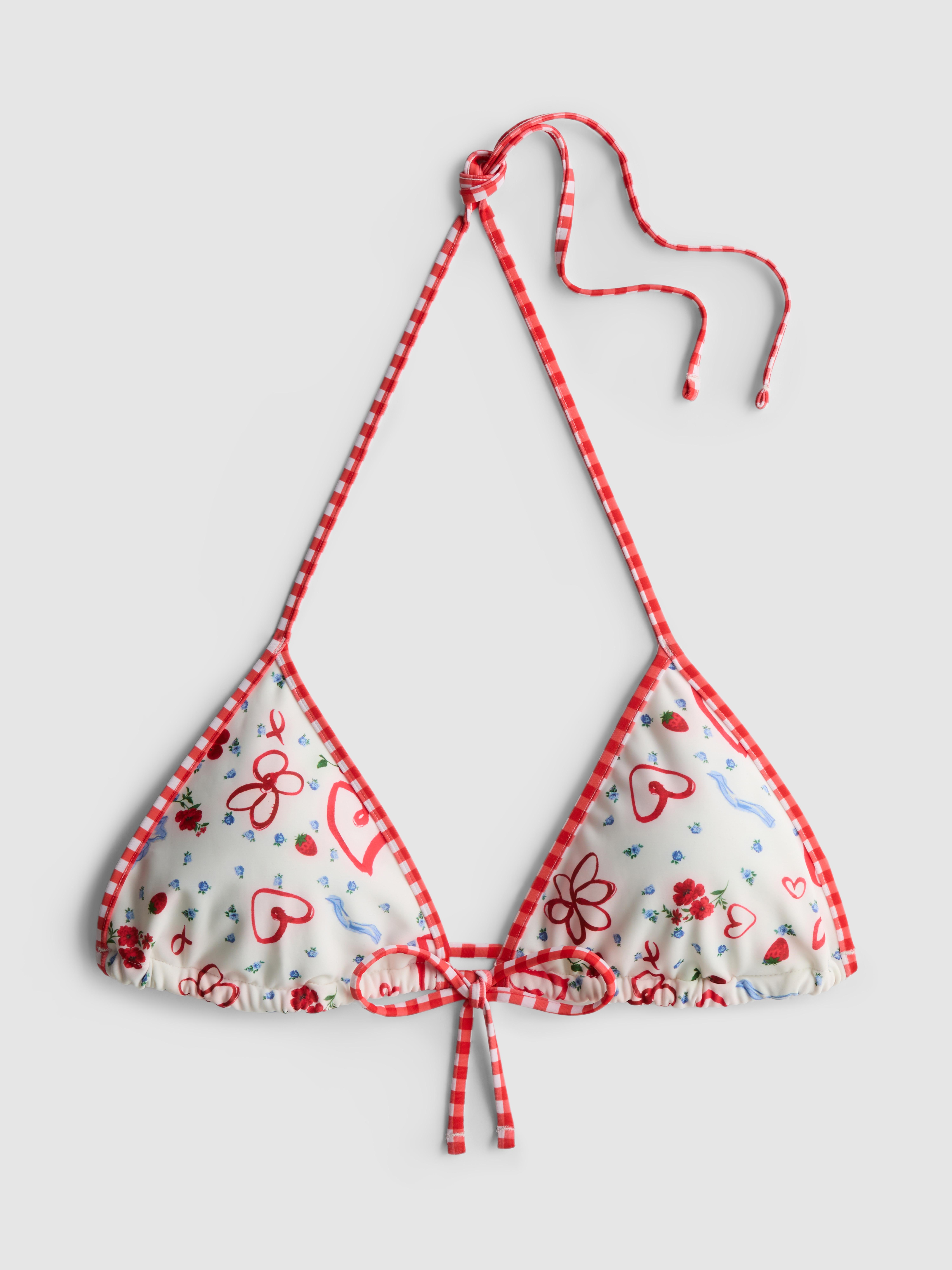 Women's White Heart-Print Gingham Triangle Bikini Top