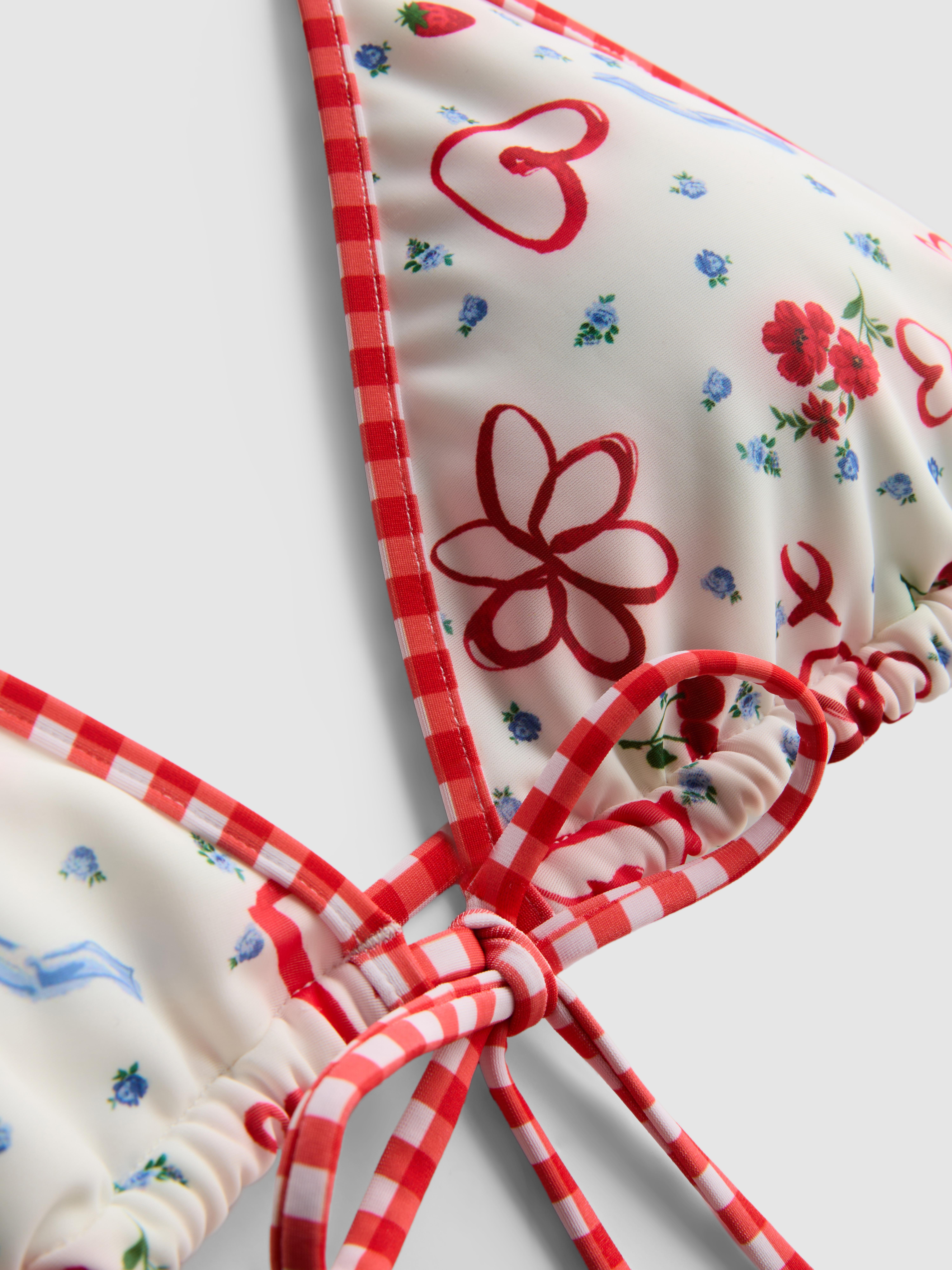 Women's White Heart-Print Gingham Triangle Bikini Top