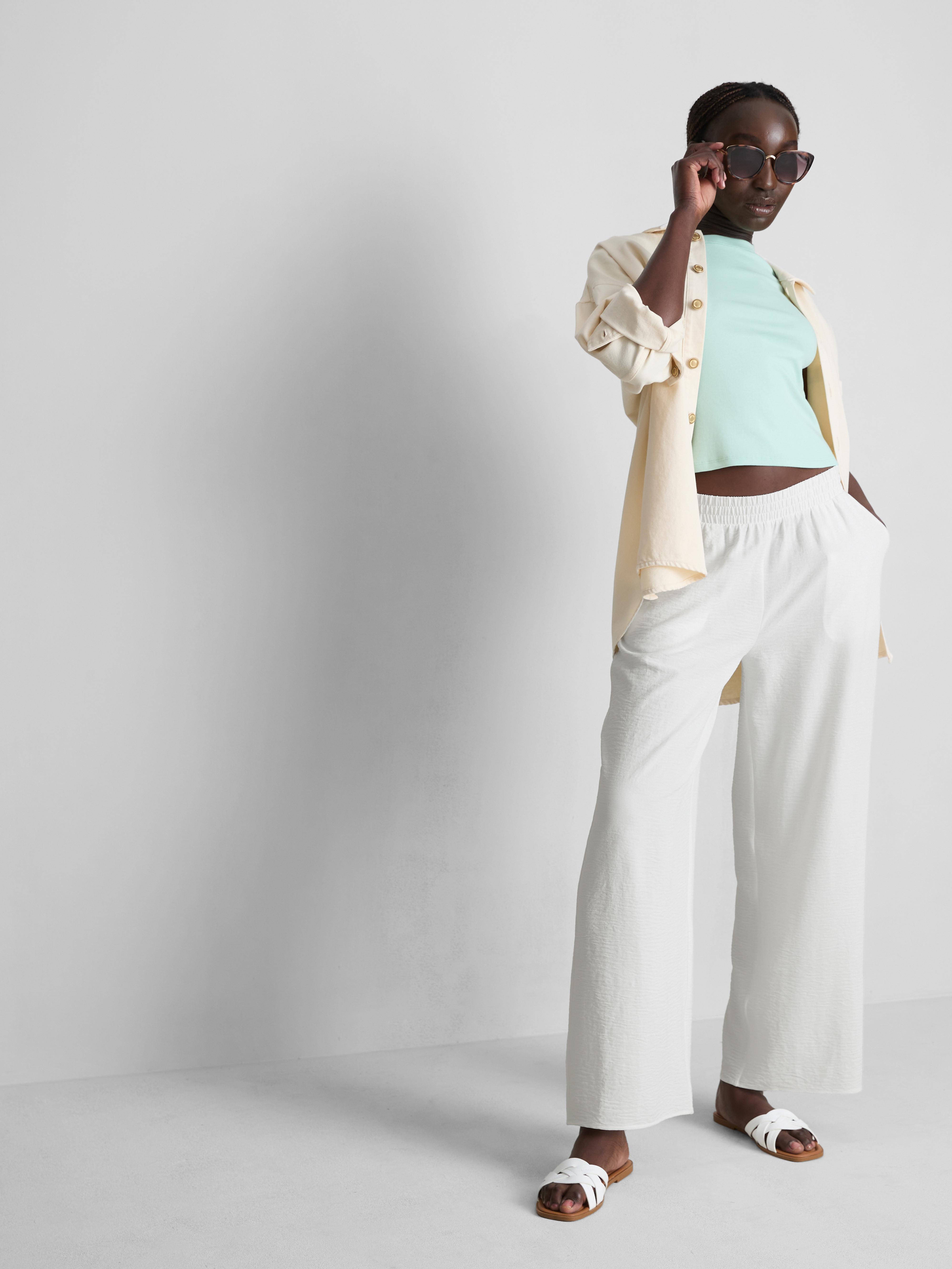 Pantalones de pernera ancha con cintura elástica Blanco