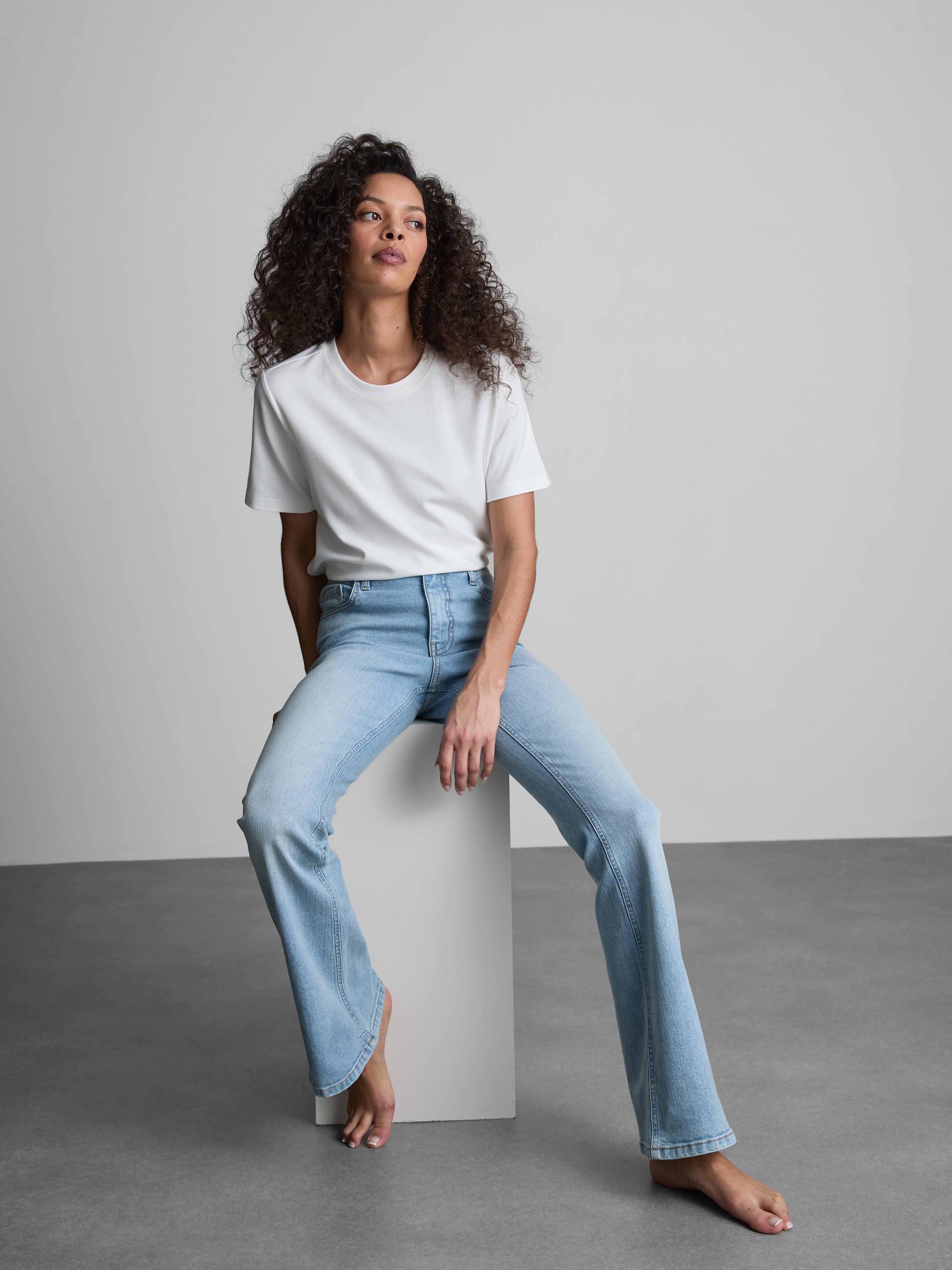 Cotton Denim Mid Rise Flared Jeans