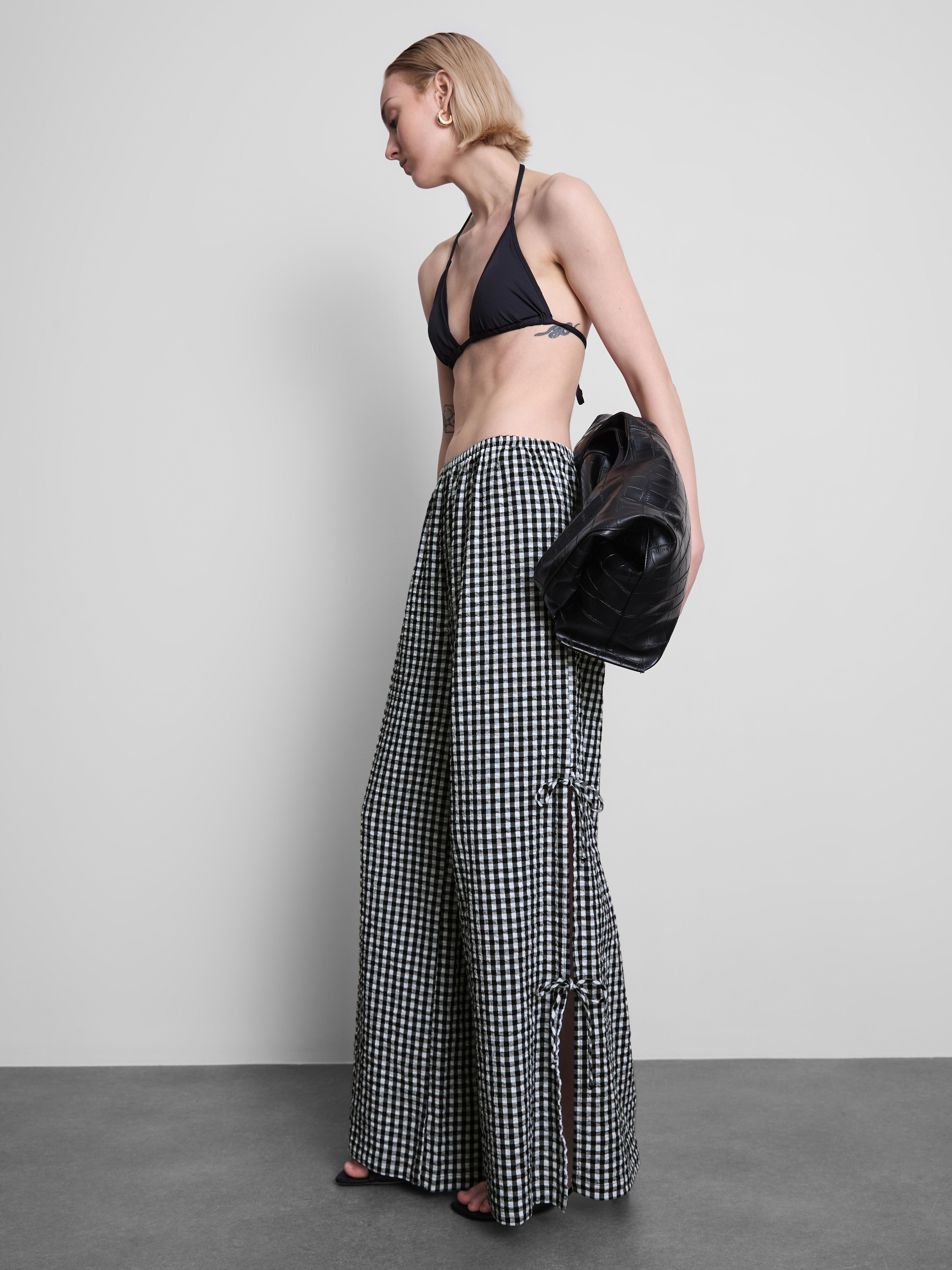 Women's Black Gingham Wide-Leg Side-Tie Beach Pants