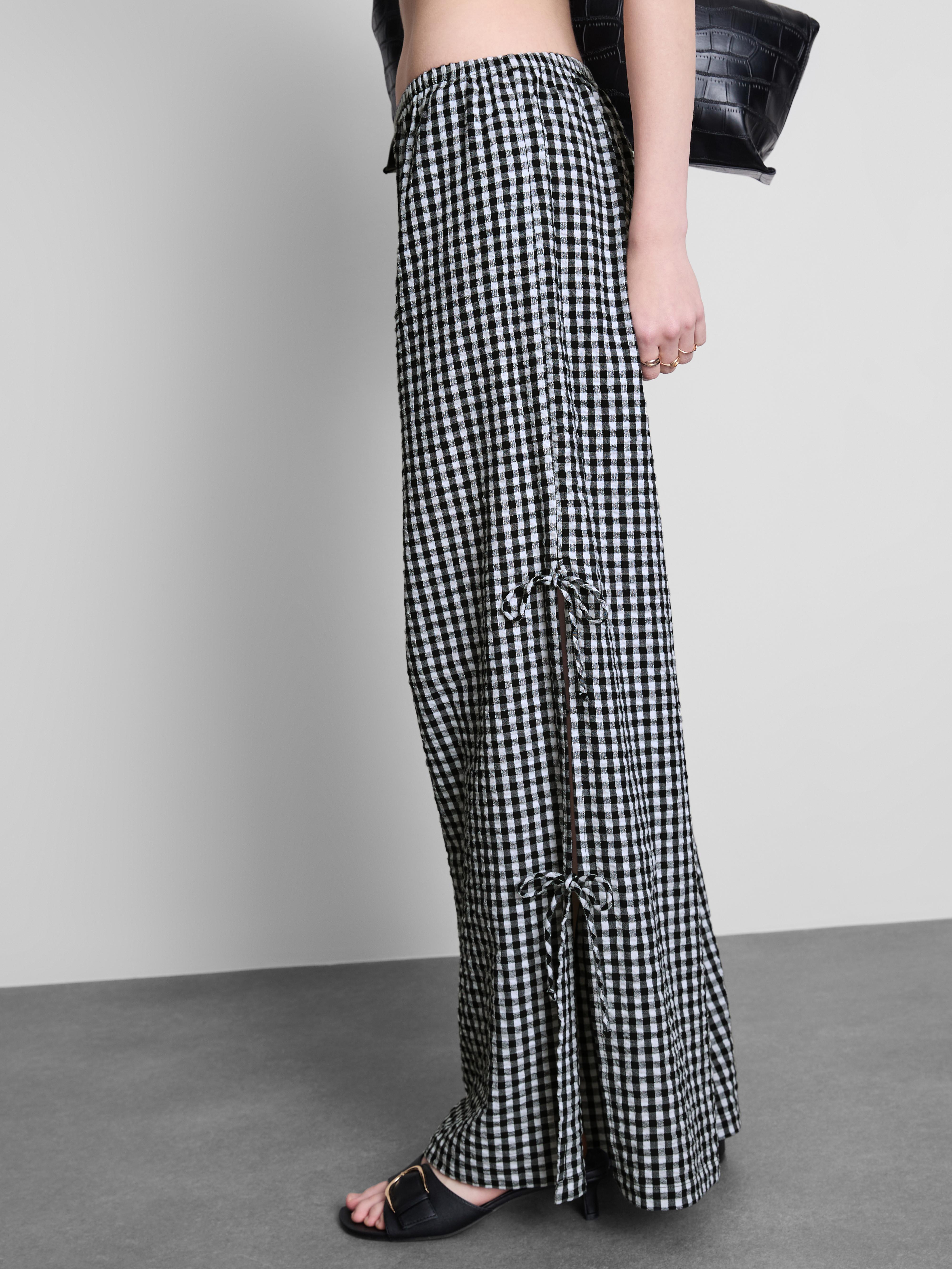 Women's Black Gingham Wide-Leg Side-Tie Beach Pants