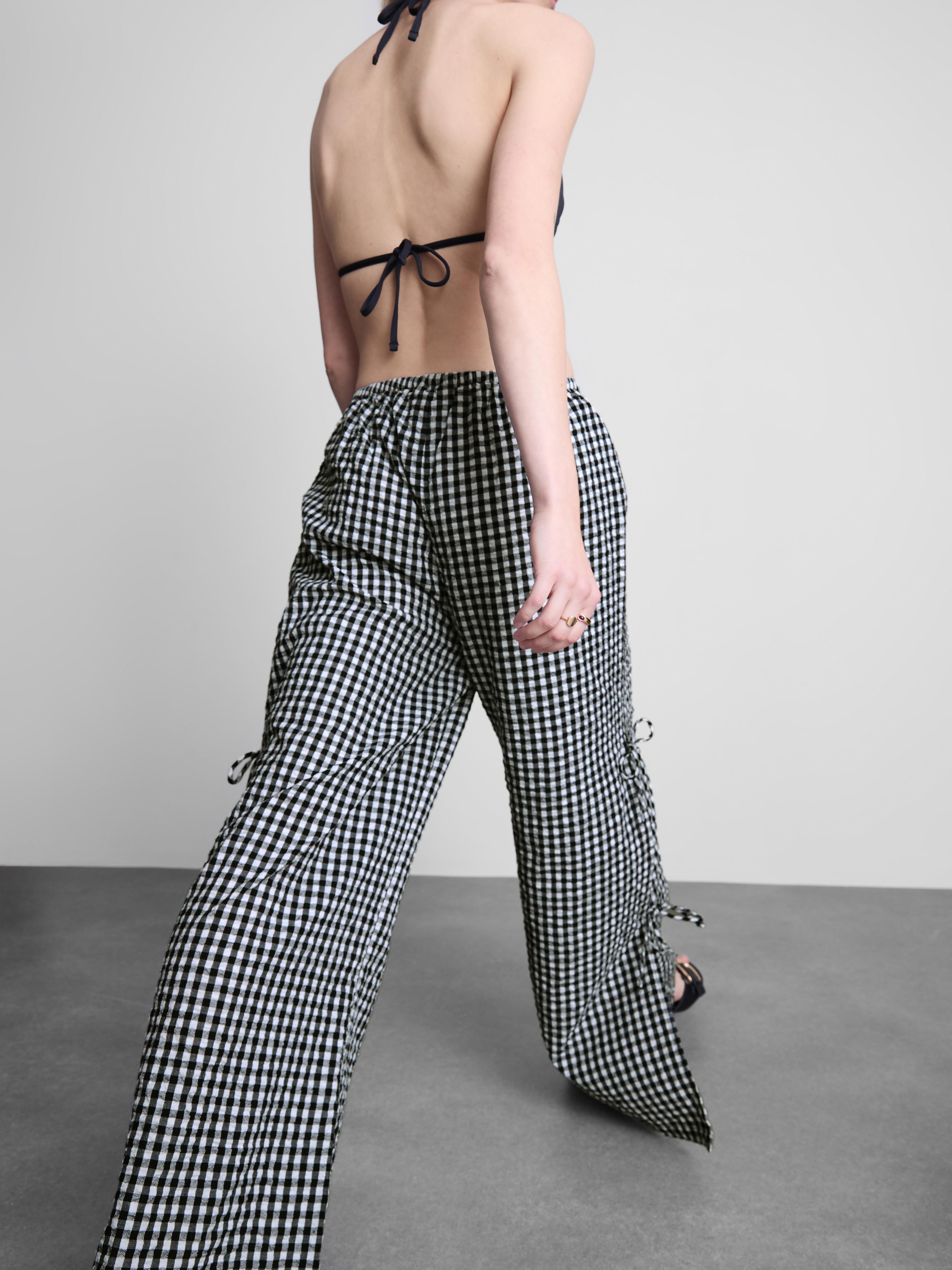 Women's Black Gingham Wide-Leg Side-Tie Beach Pants