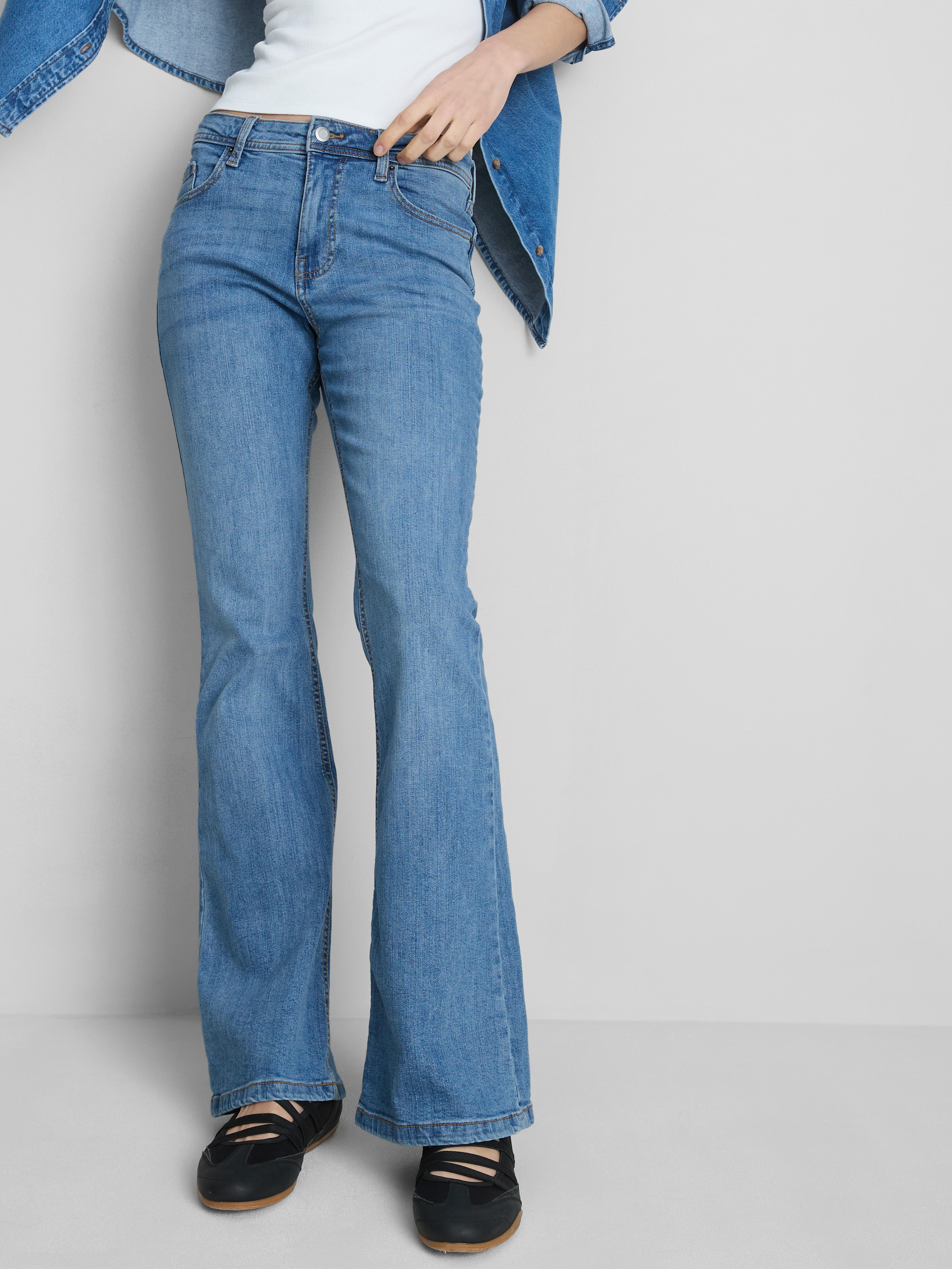 Cotton Denim Flared Mid-Rise Jeans Mid Blue