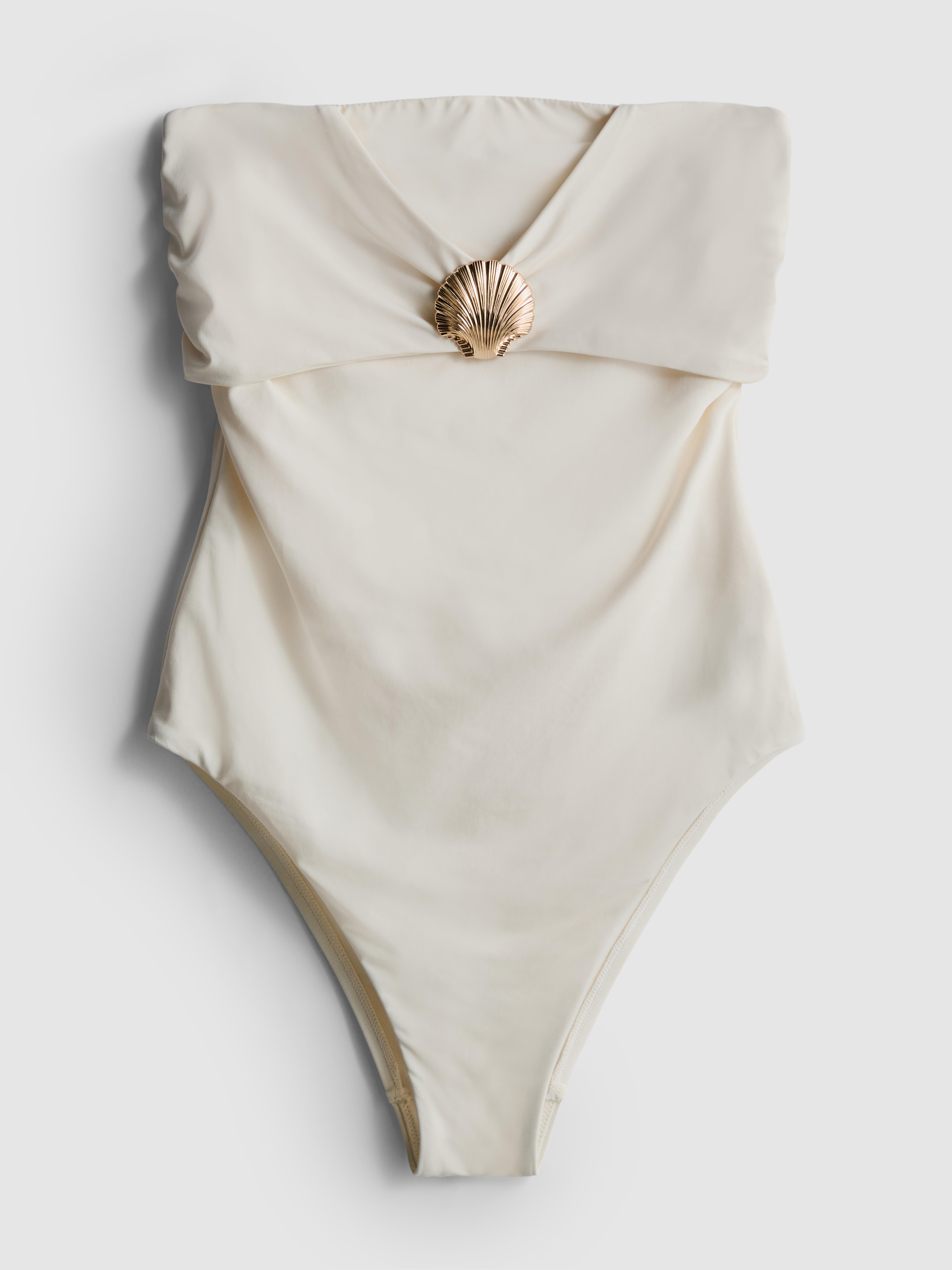 Women's White Shell Hardware Bandeau Swimsuit