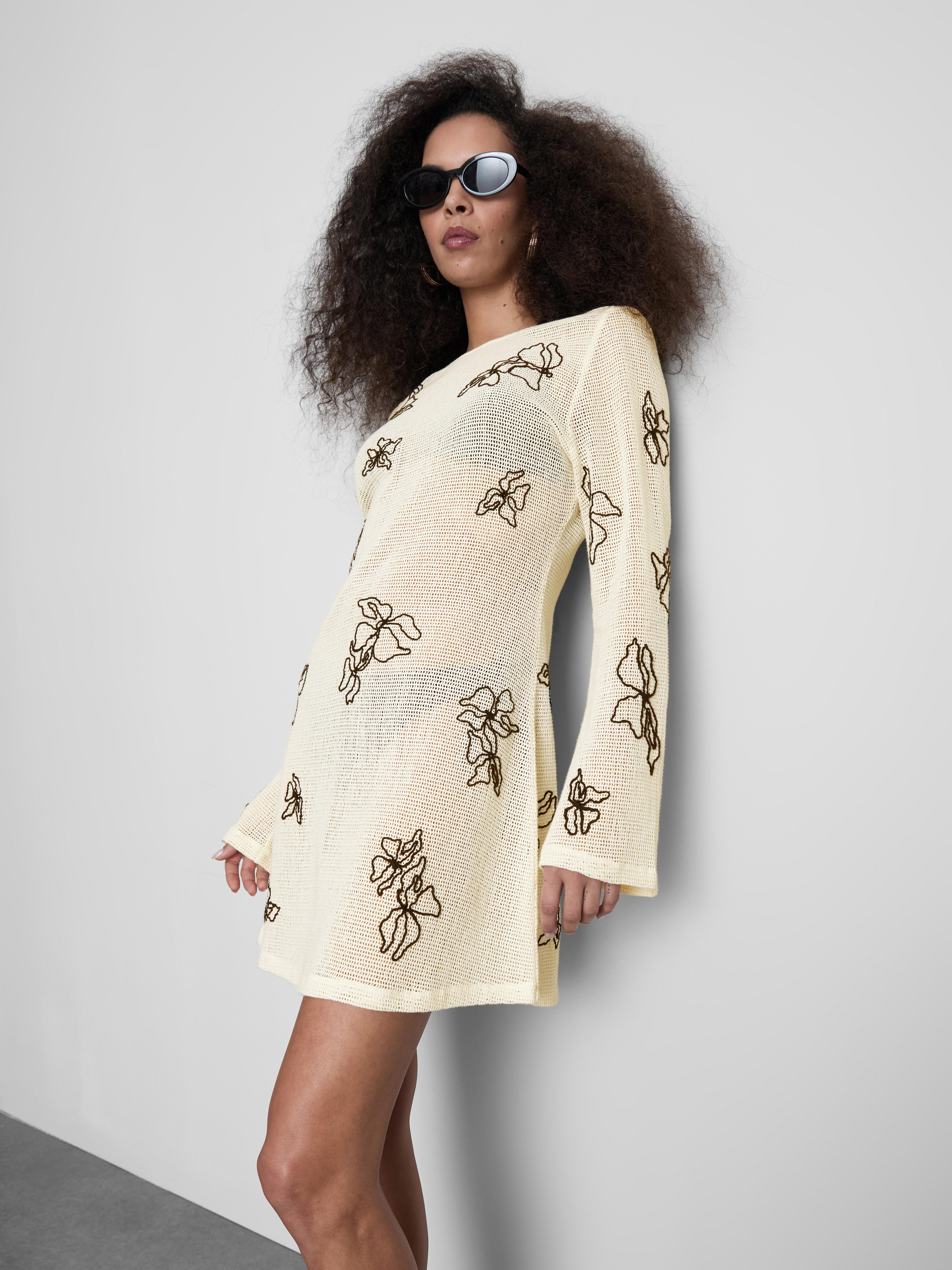 Women's Cream Cotton Embroidered Flower Mini Dress