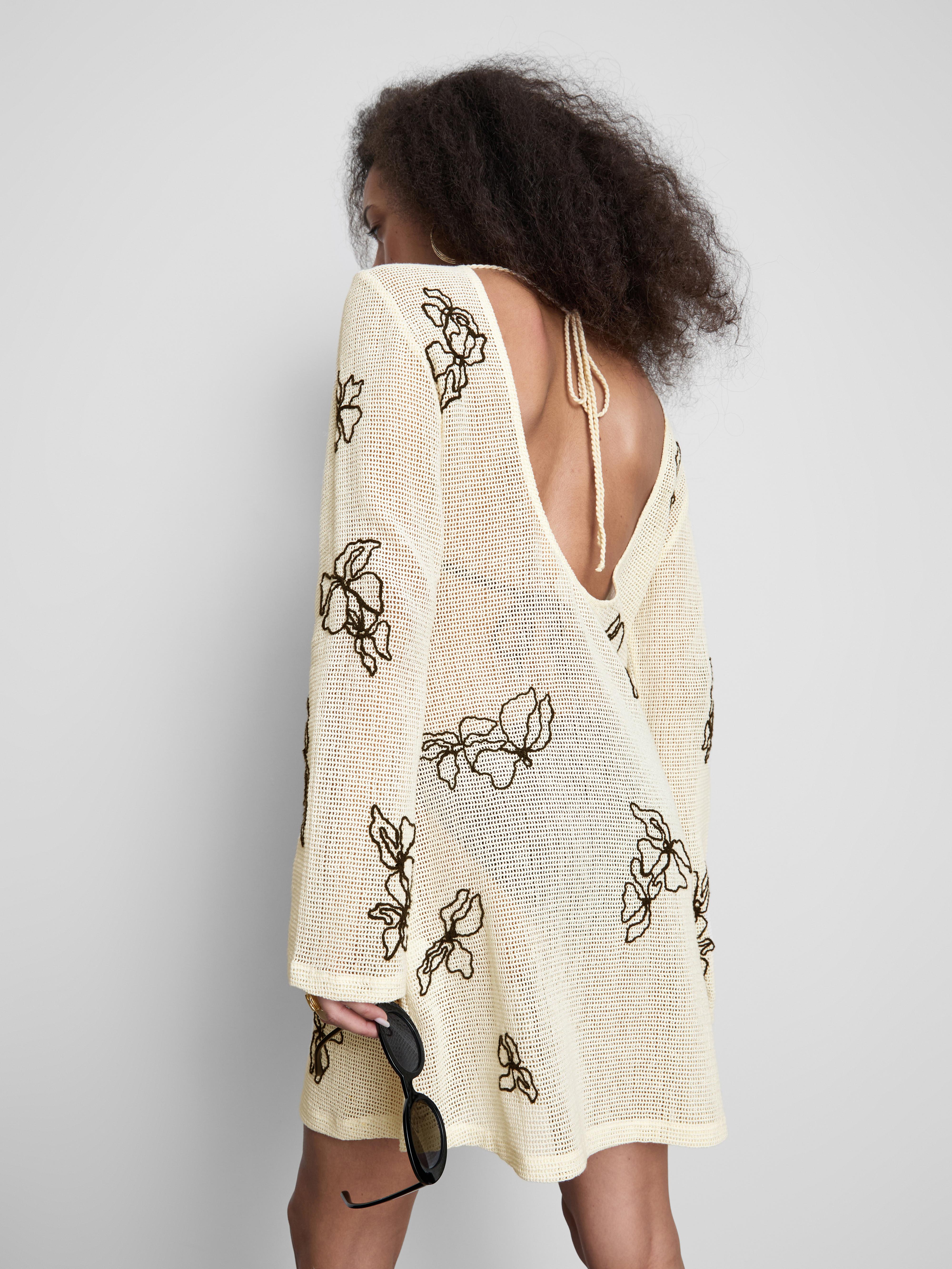 Women's Cream Cotton Embroidered Flower Mini Dress