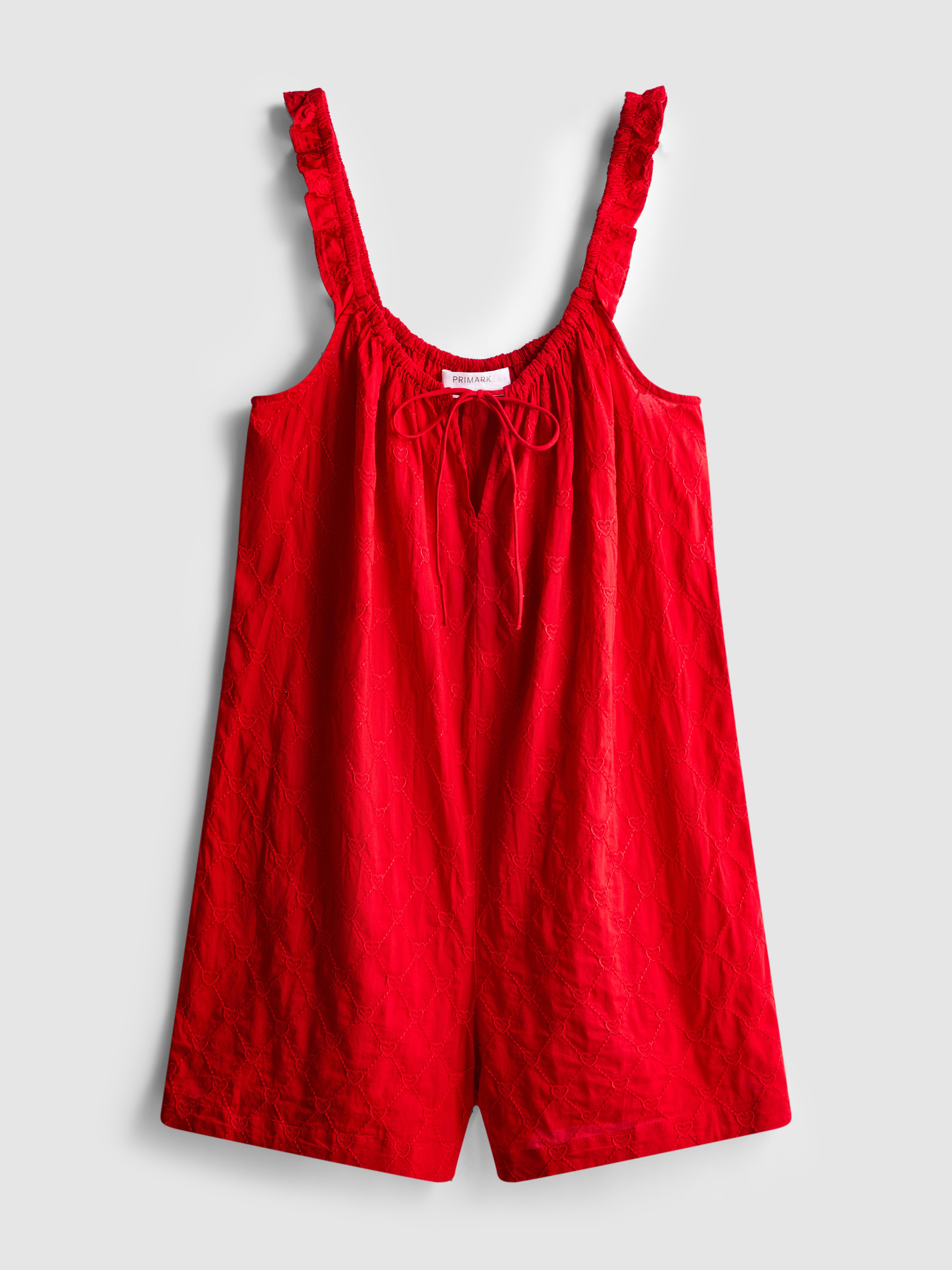 Women's Red Cotton Heart-Detail Frill Rompe